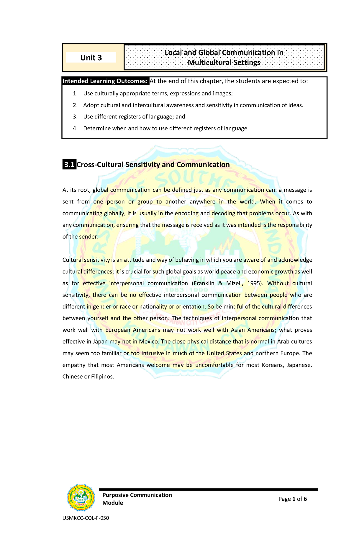 Local And Global Communication In Purposive Communication Module Page 1 Of 6 Intended Learning 