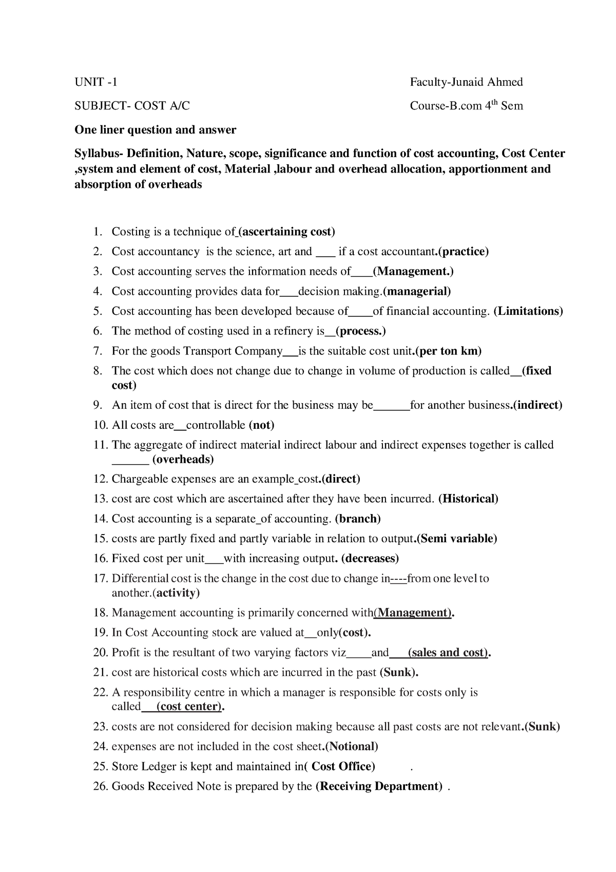 UNIT 1 Cost Accounting Notes Pdf - UNIT -1 Faculty-Junaid Ahmed SUBJECT ...