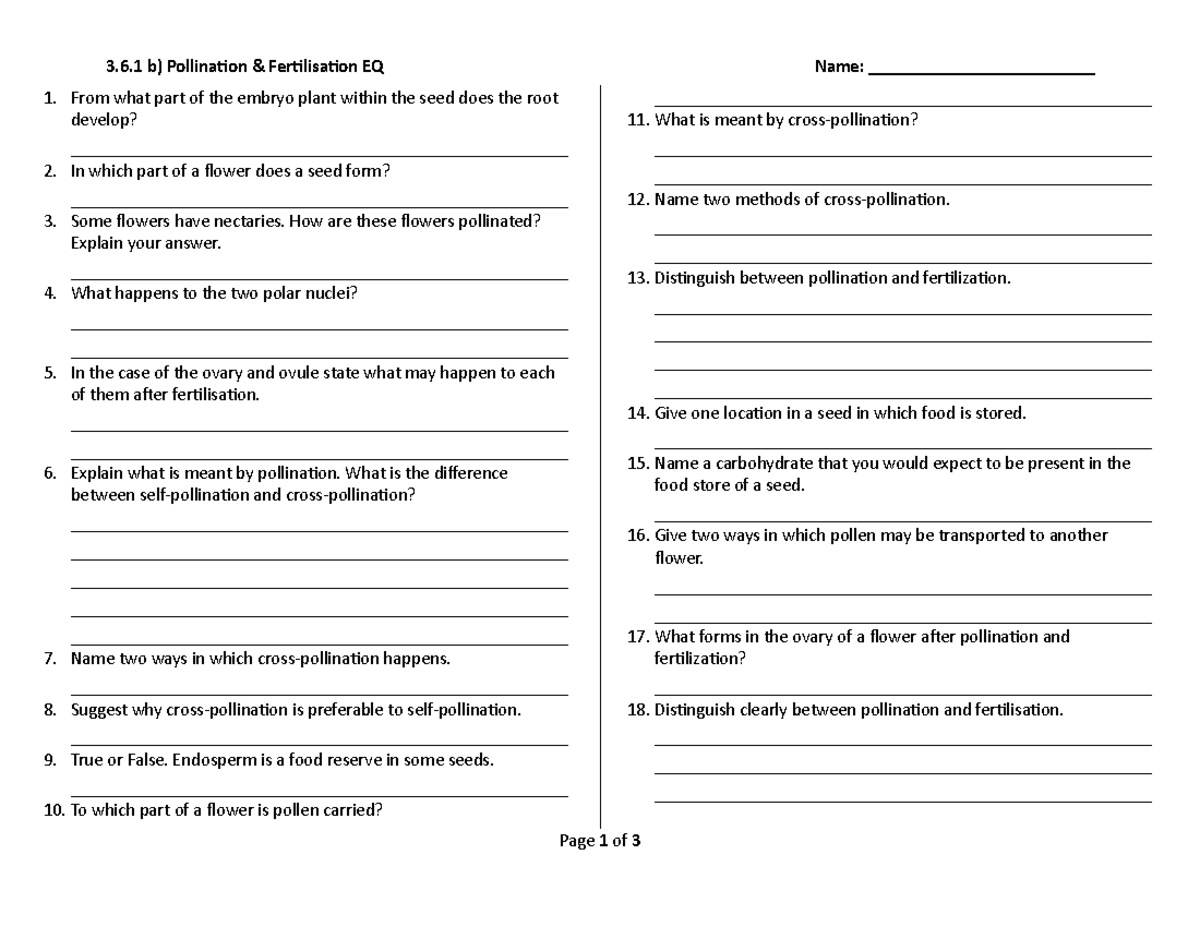 3 - Biology Work class - 3.6 b) Pollination & Fertilisation EQ Name