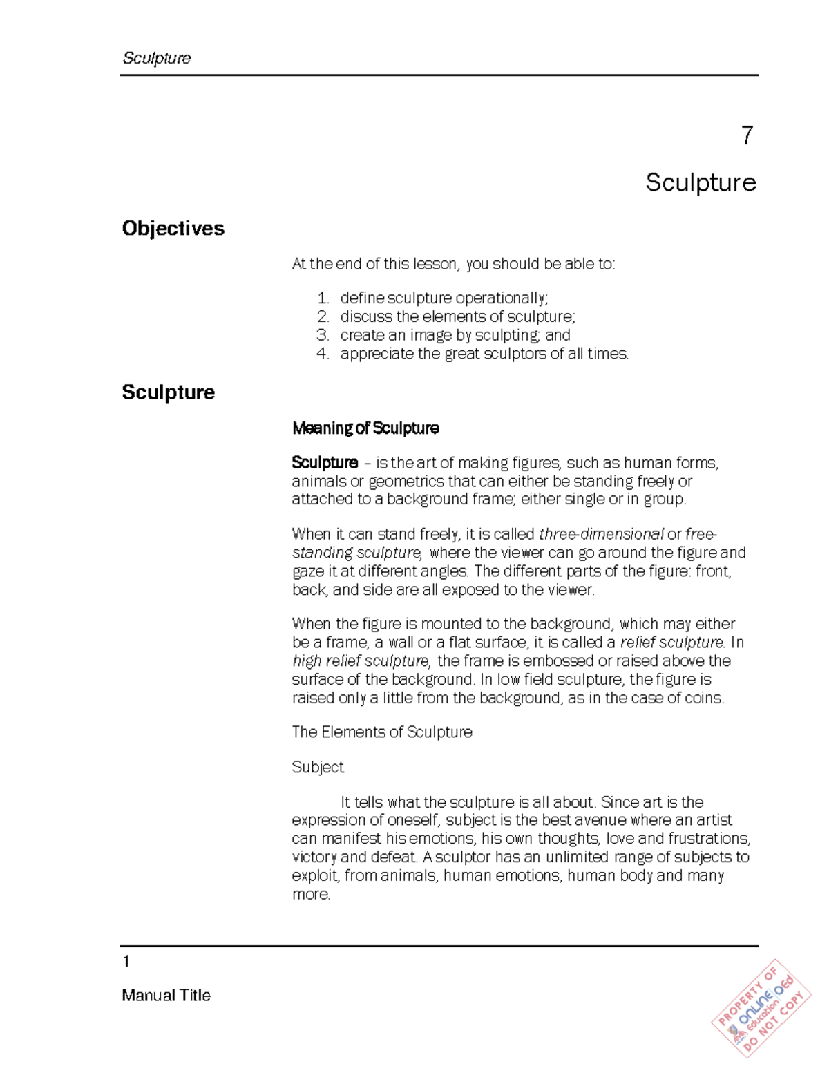 (Week 7) Sculpture ART LECTURE NOTES 1 7 Sculpture Objectives At