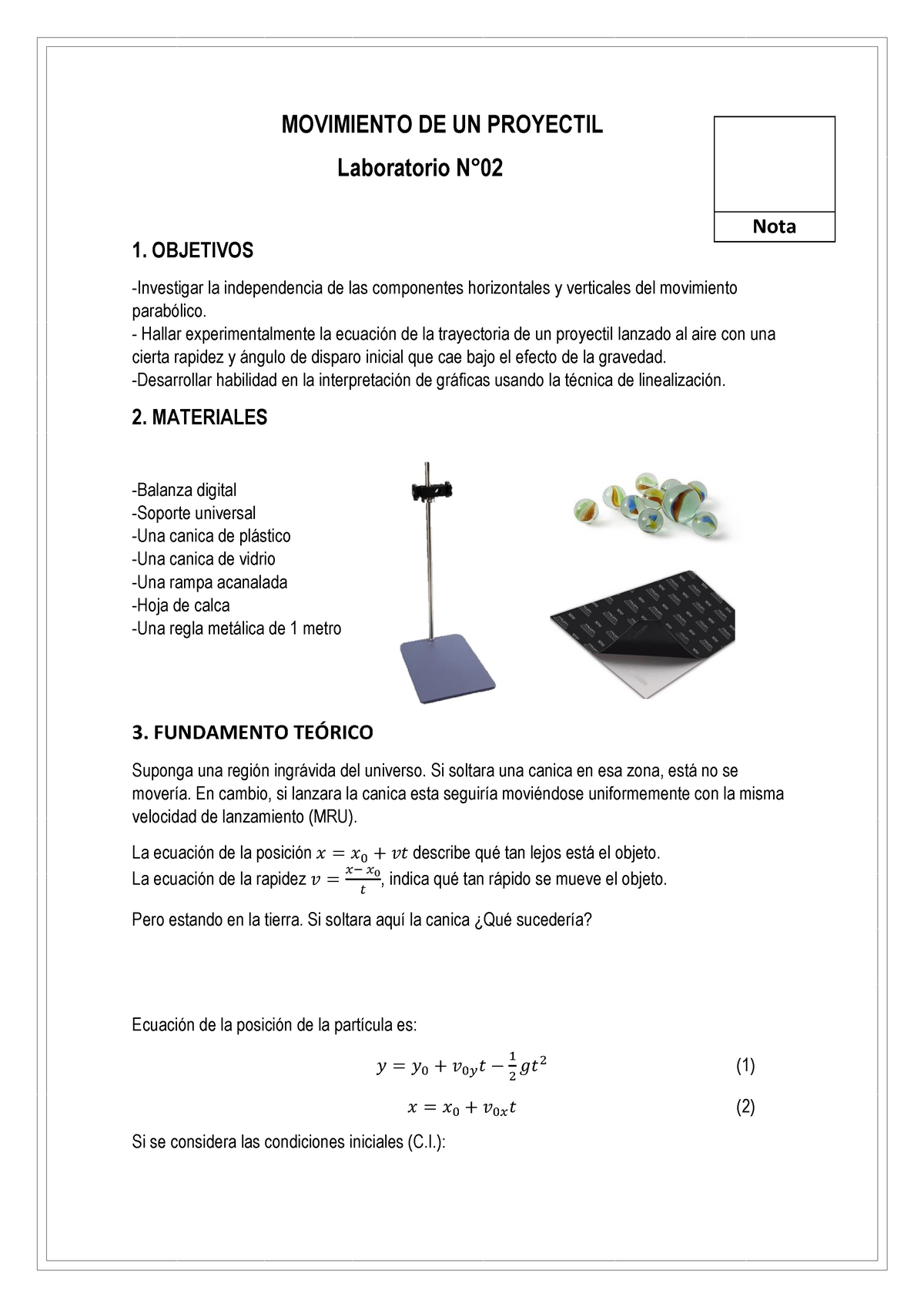 Proyectil Lab N°2 Informe De Laboratorio N°6 Movimiento De Un