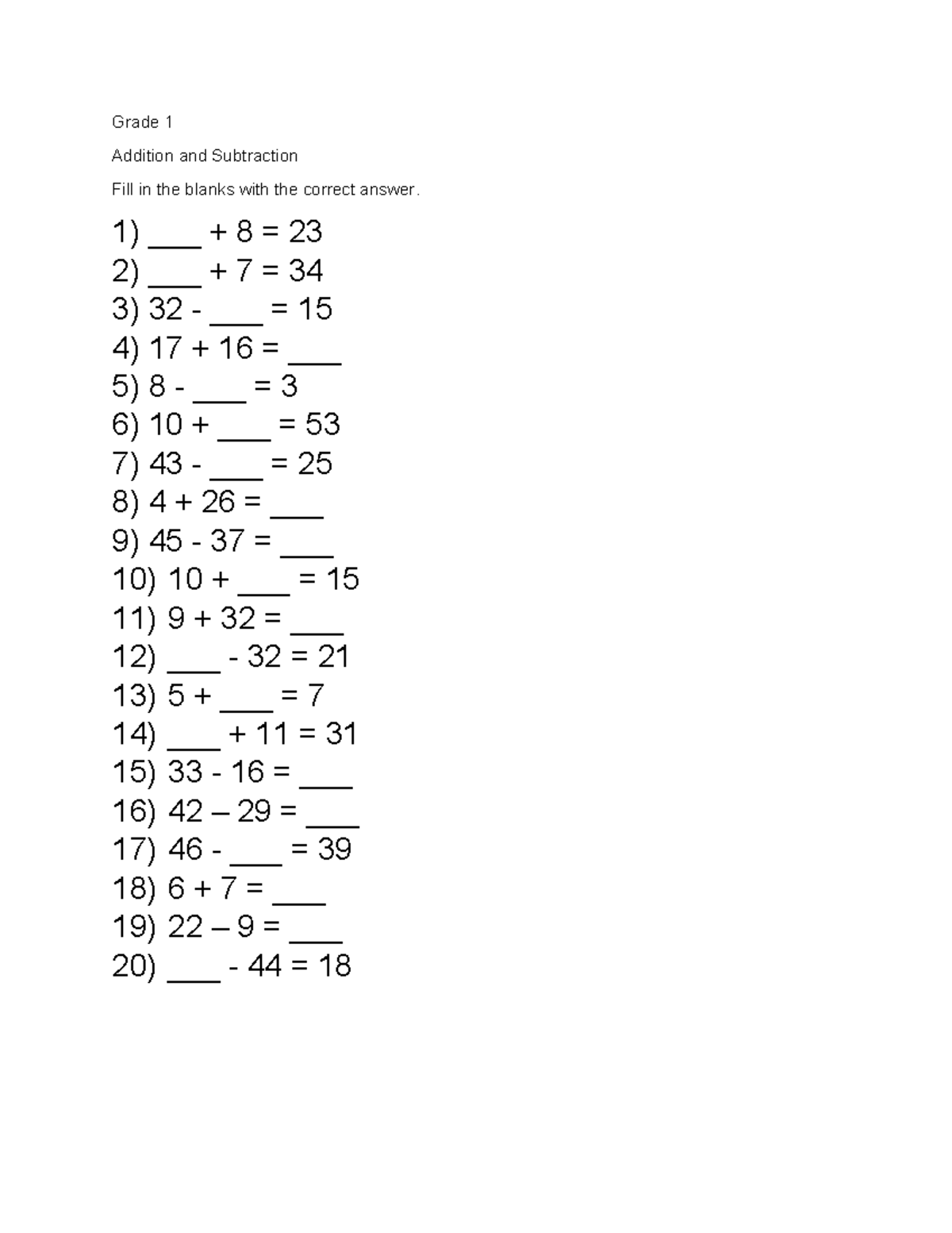 LTS Elementary Math Worksheets 10-2-2022 - Addition and Subtraction ...