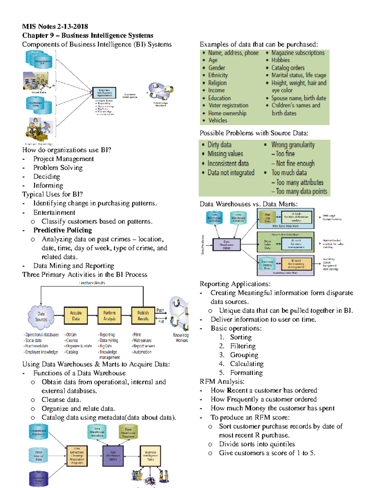 MIS Notes Ch9 - MIS Notes 2-13- Chapter 9 – Business Intelligence ...