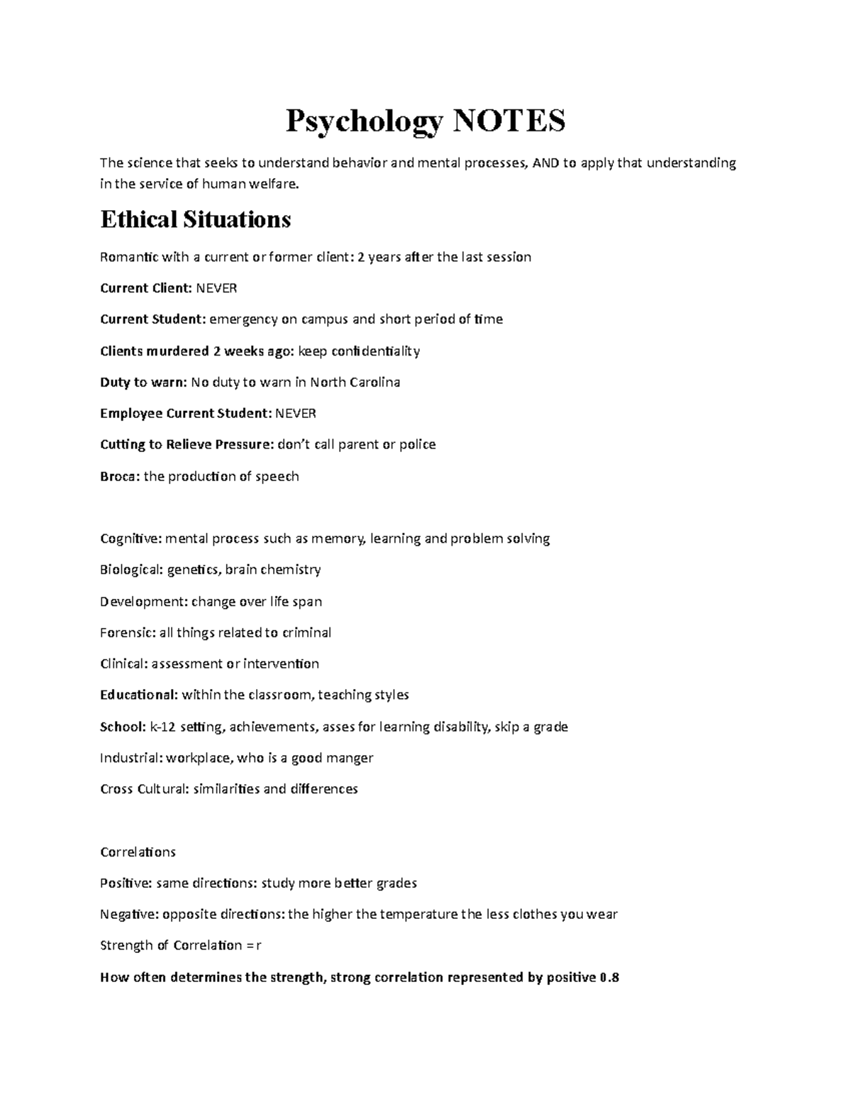 Psy Notes Chapter 1-15 - Psychology NOTES The science that seeks to ...
