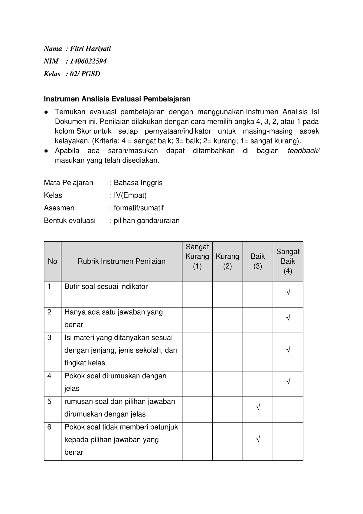 5. Instrumen Analisis Evaluasi Pembelajaran - Nama : Fitri Hariyati NIM ...