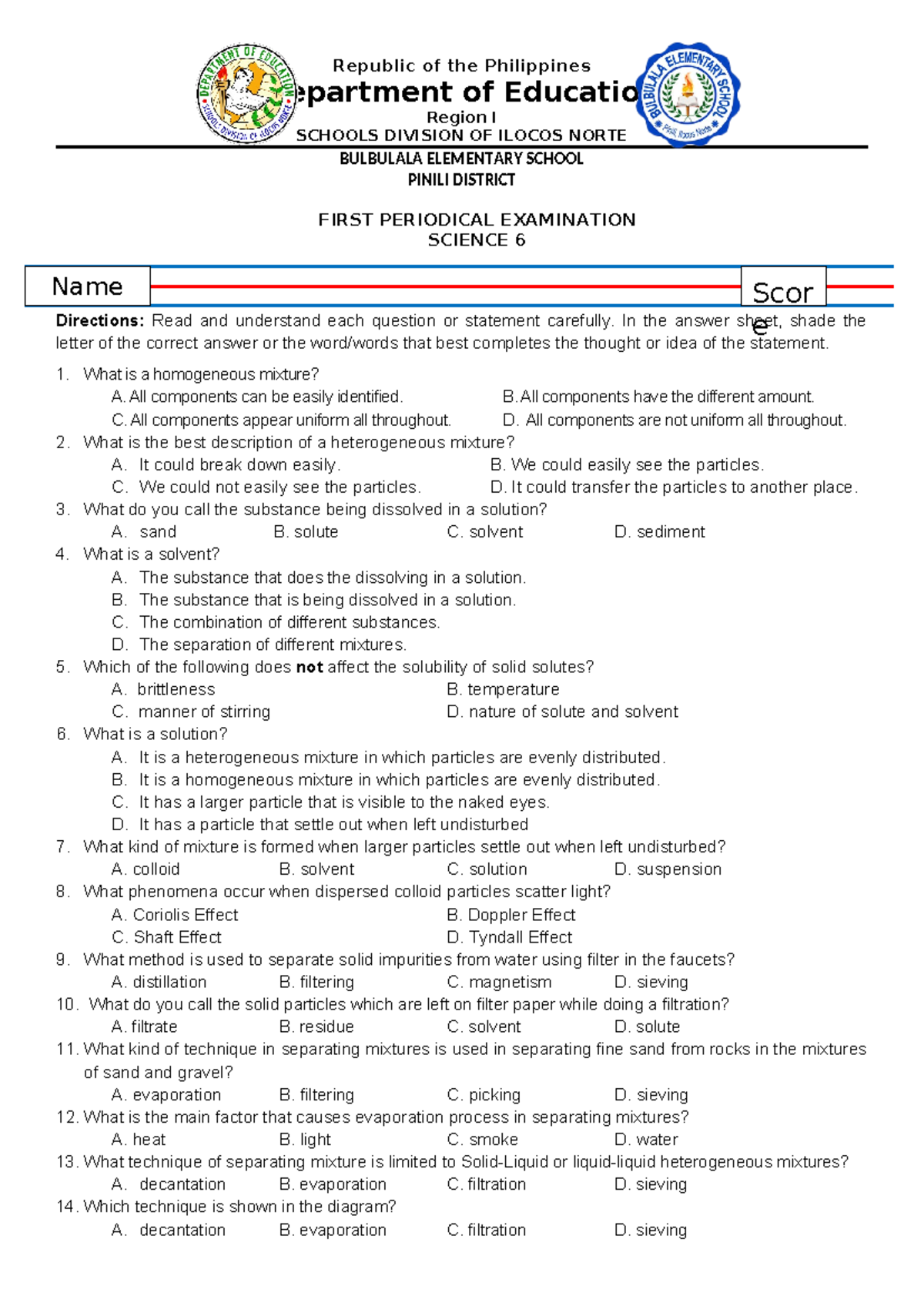 Science PERIODICAL TEST Republic of the Philippines Department of