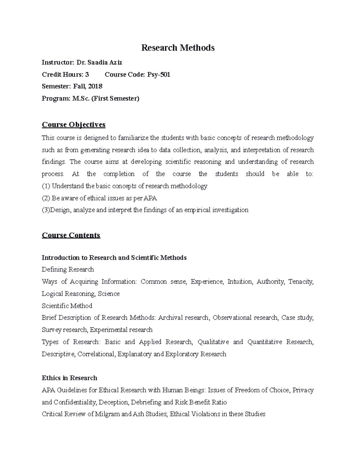 Research Methodology Course Outline - Research Methods Instructor: Dr ...