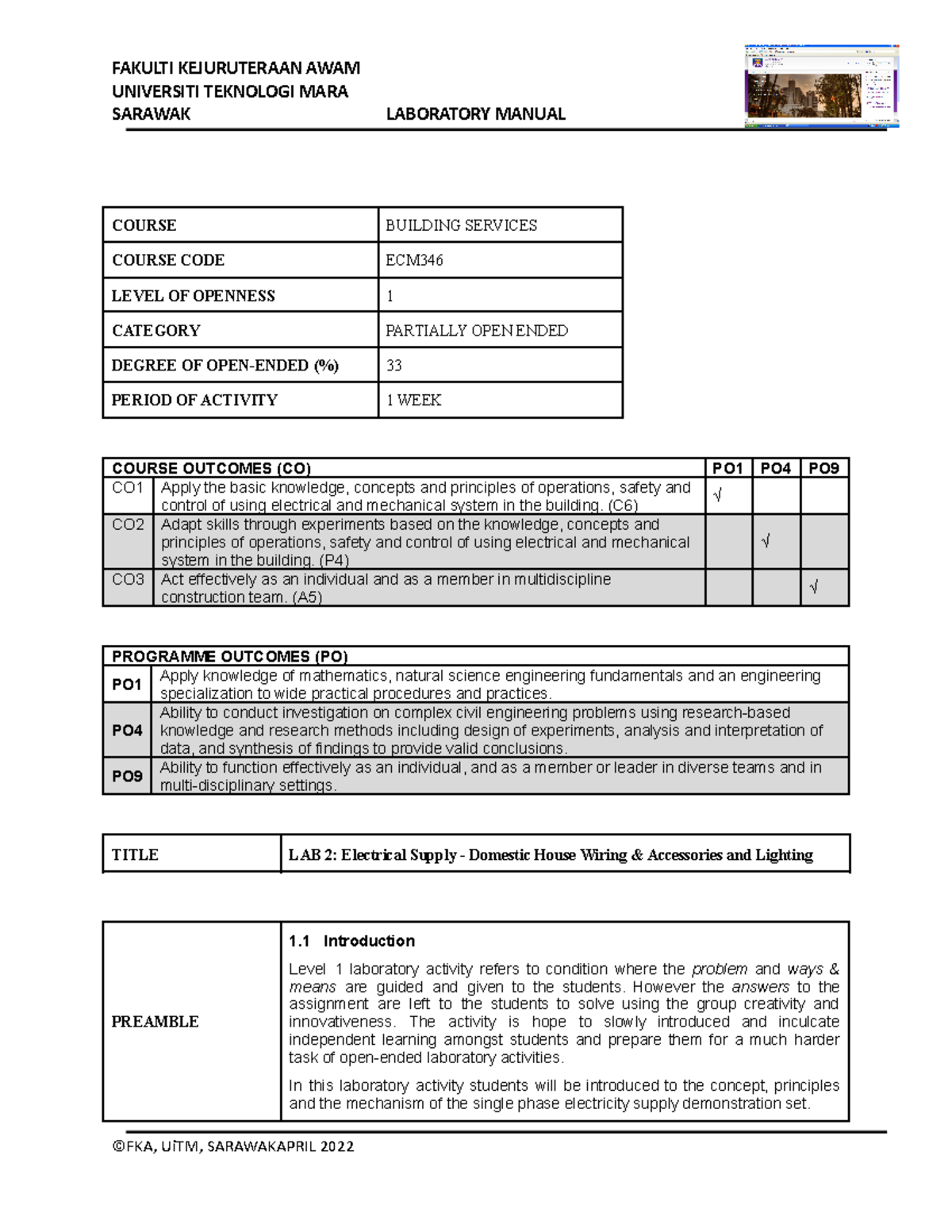 LAB 2 Level 1 BS Lab Electrical Supply - Domestic House Wiring ...