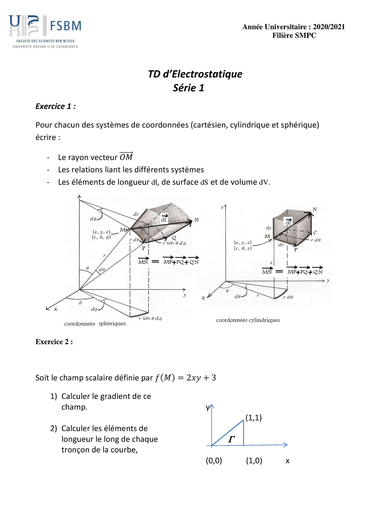 TD Electrostatique Série 1 2021 - Année Universitaire : 2020/ Filière ...