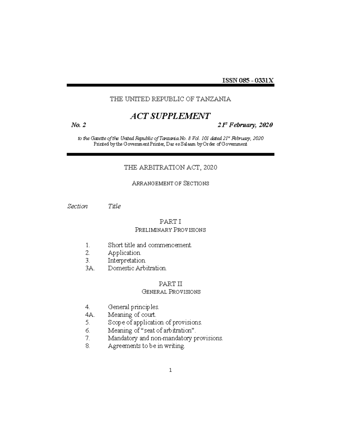 Arbitration ACT 2020 ISSN 085 0331X THE UNITED REPUBLIC OF TANZANIA