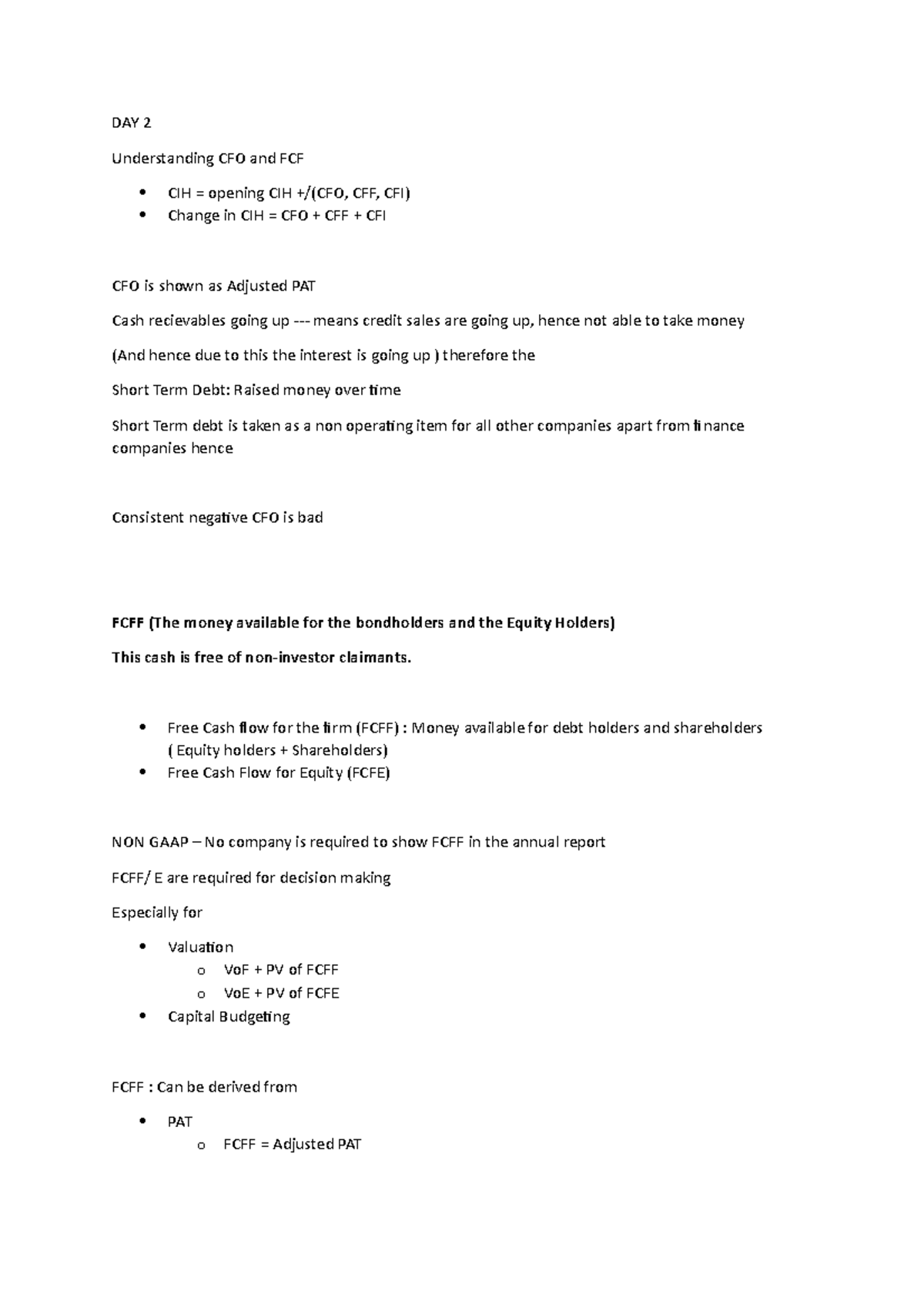 DAY 2 - DAY 2 Understanding CFO and FCF CIH = opening CIH +/(CFO, CFF ...