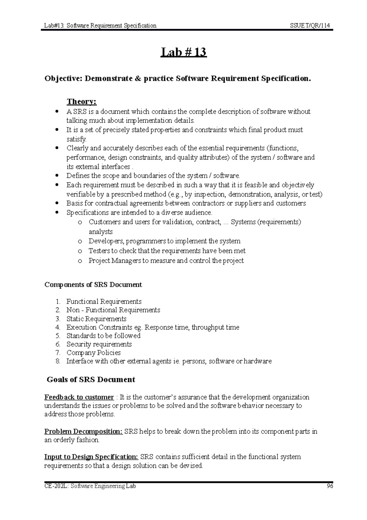 Lab13 SRS update FOR INTRODUCTION TO SOFTWARE ENGINEERING - Lab # 13 ...