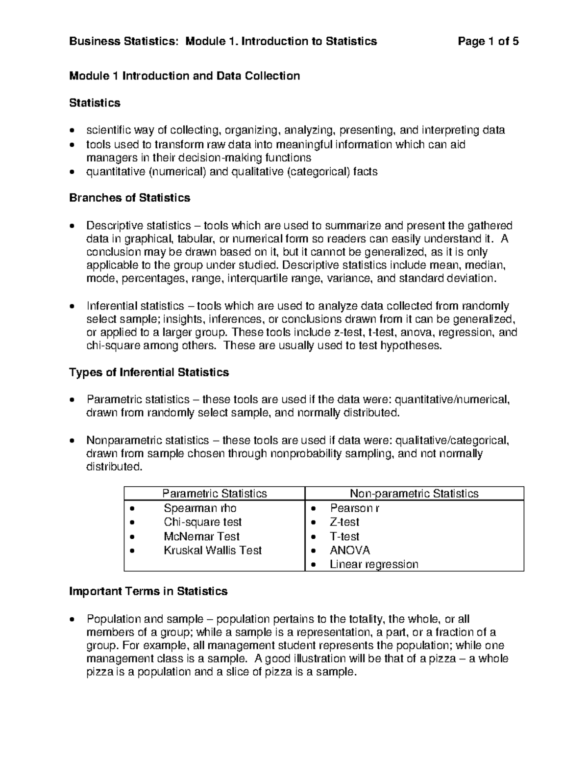 Statistics Module 1 - Statistical Application Statistical Application ...