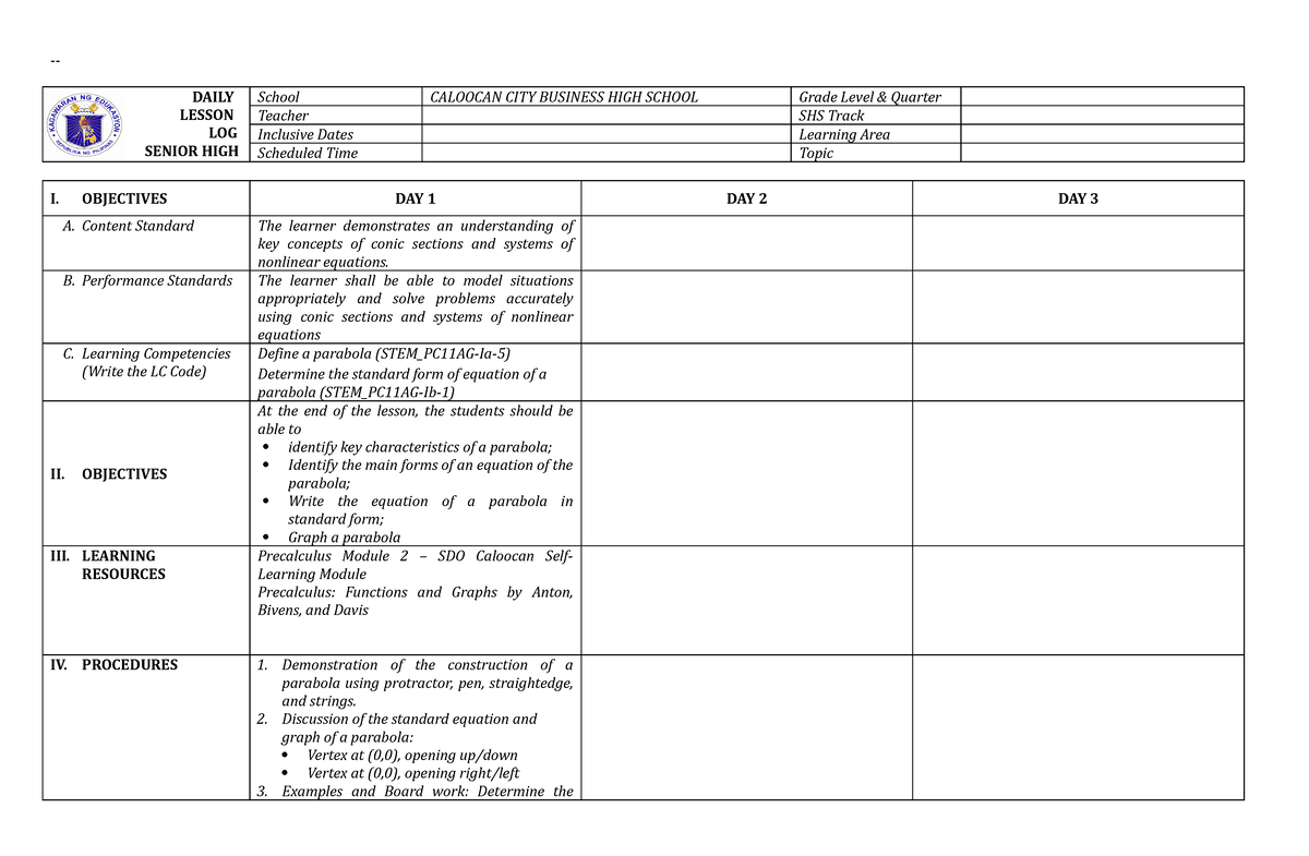 1 SHS Daily Lesson LOG DLL Template By - DAILY LESSON LOG SENIOR HIGH ...