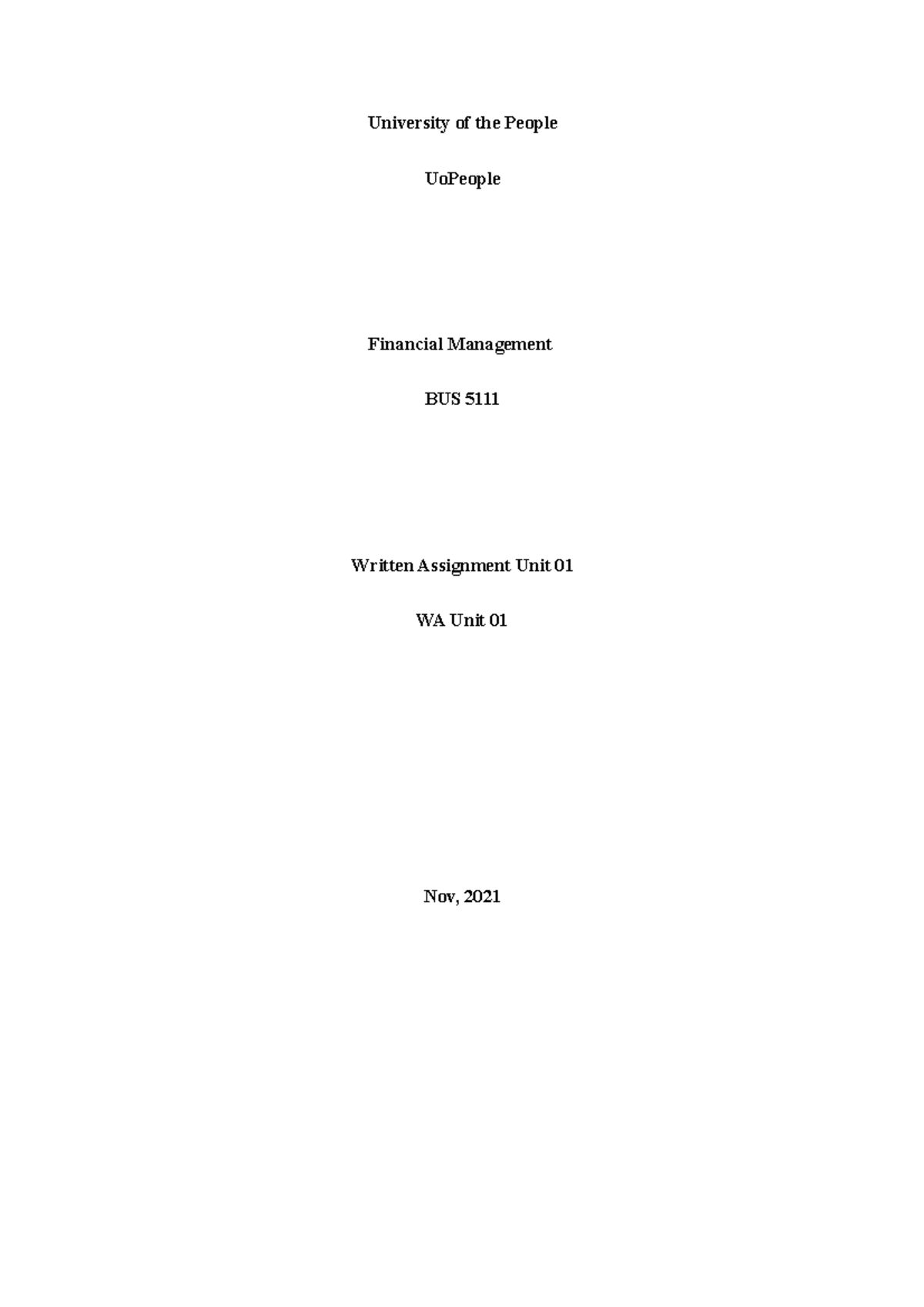 Financial Management BUS 5111 Written Assignment 1 - BUS 5111 ...