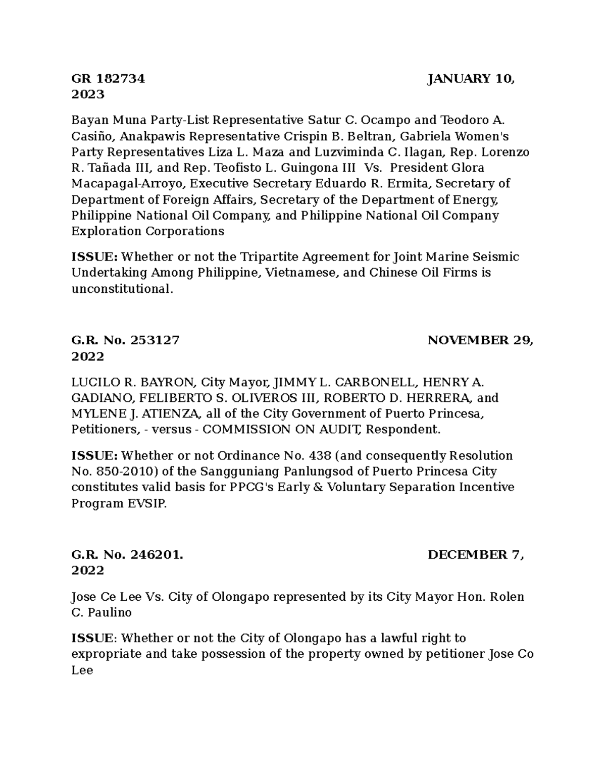 Cases for approval Political Law - GR 182734 JANUARY 10, 2023 Bayan ...