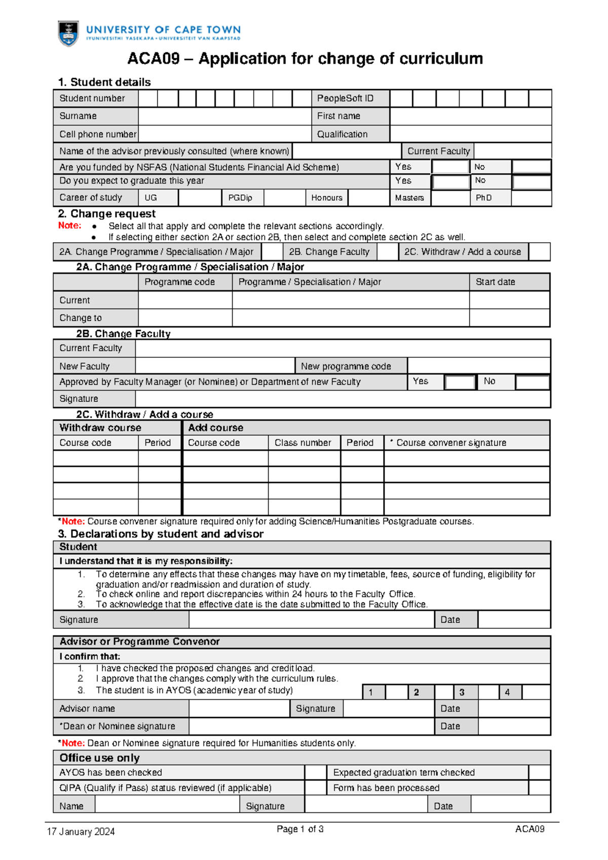 Change OF Curriculum FORM - Page 1 of 3 ACA ACA09 – Application for ...
