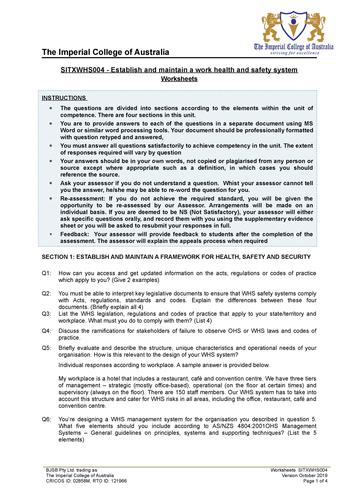 A1 Worksheets Ver October 2019 - SITXWHS004 - Establish And Maintain A ...