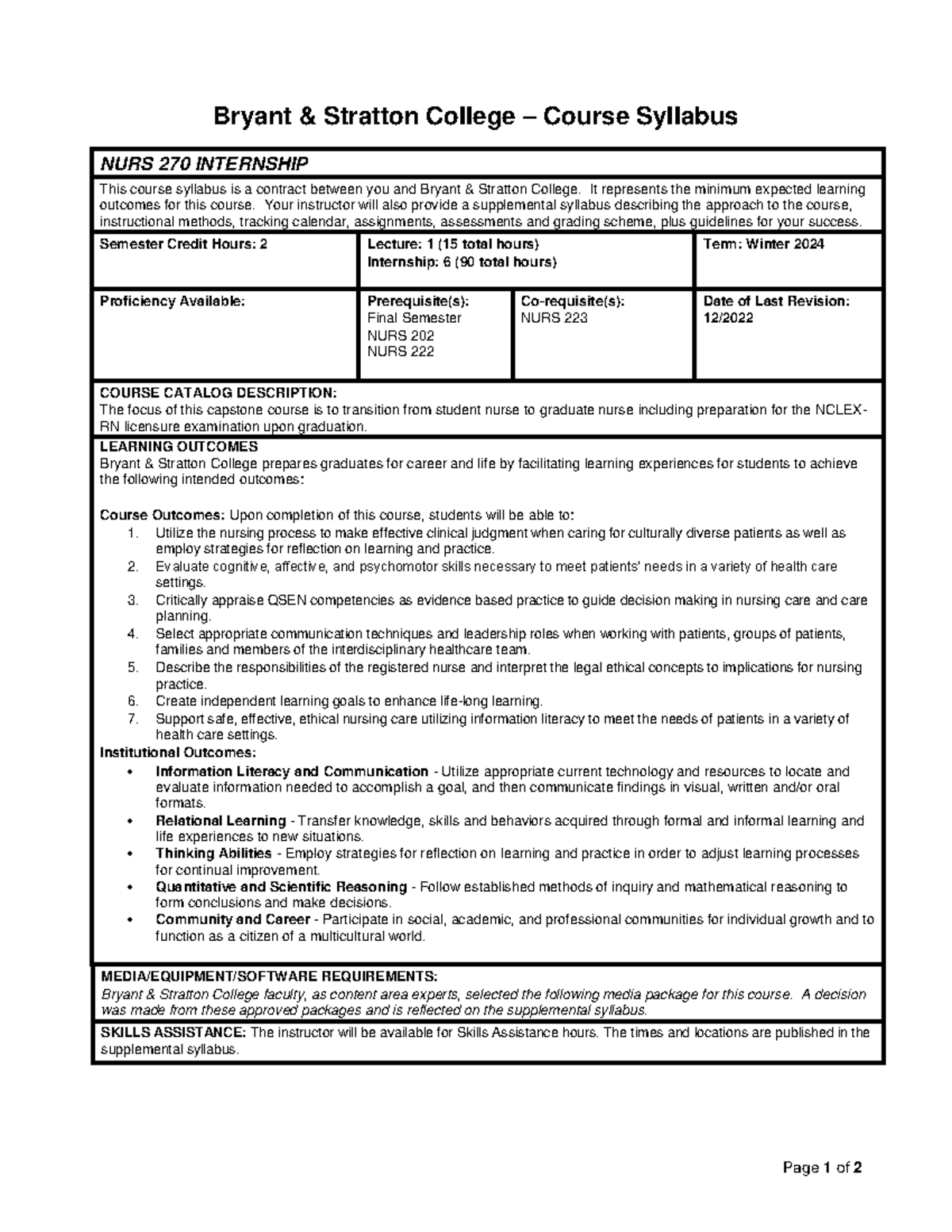 NURS 270 Internship System Syllabus(5) - Bryant & Stratton College ...