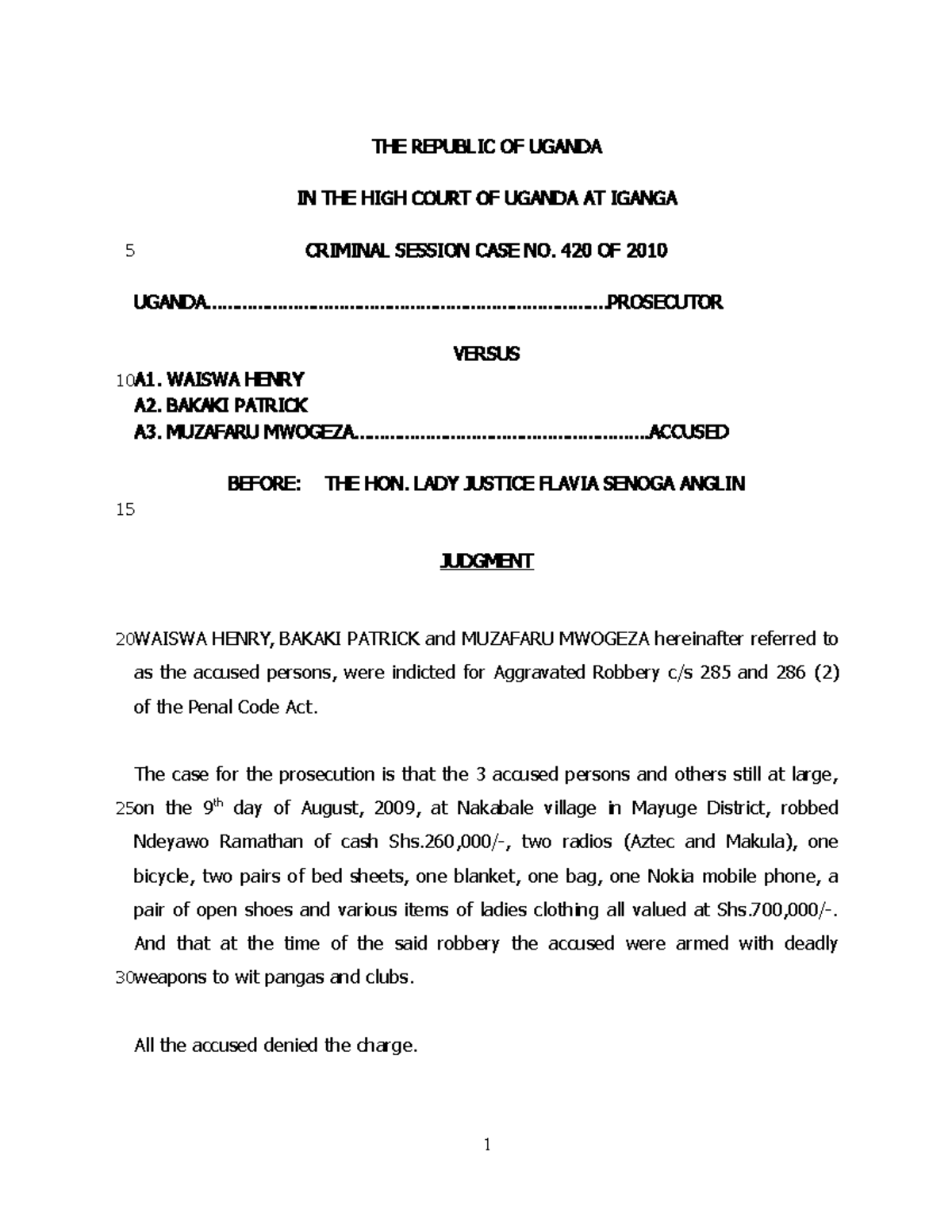Uganda v waiswa Lecture notes 1 THE REPUBLIC OF UGANDA IN THE HIGH