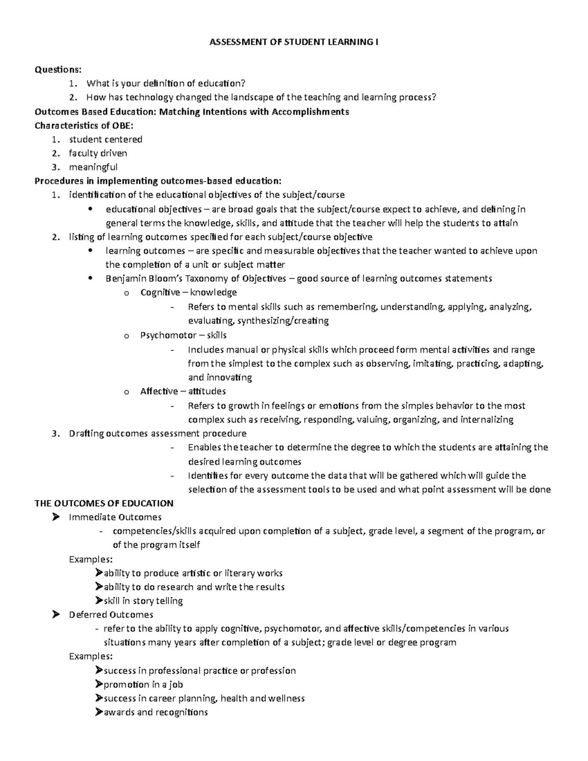 First topic handout - ASSESSMENT OF STUDENT LEARNING I Questions: 1 ...