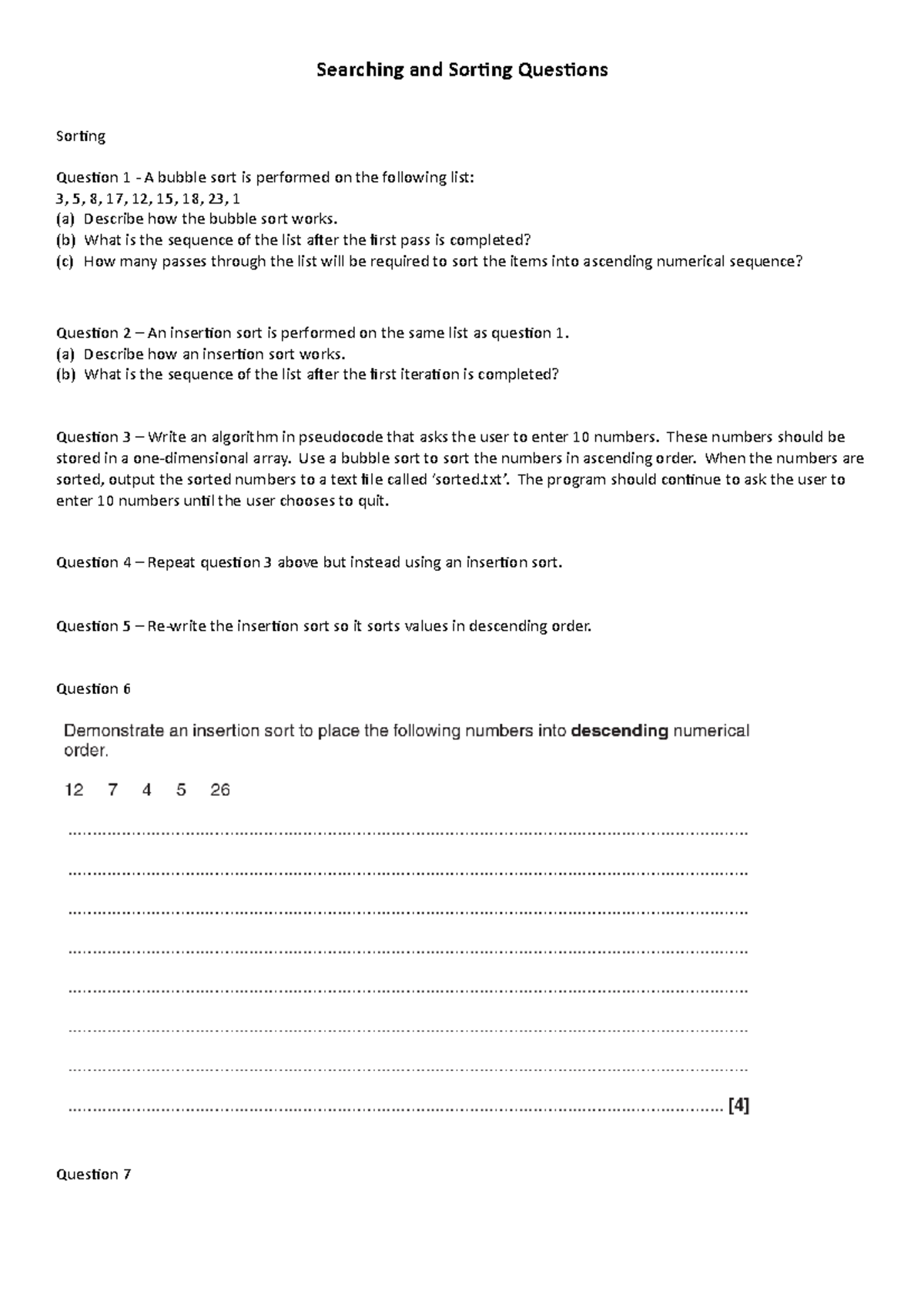 Searching and Sorting Questions - Private Study - Searching and Sorting ...
