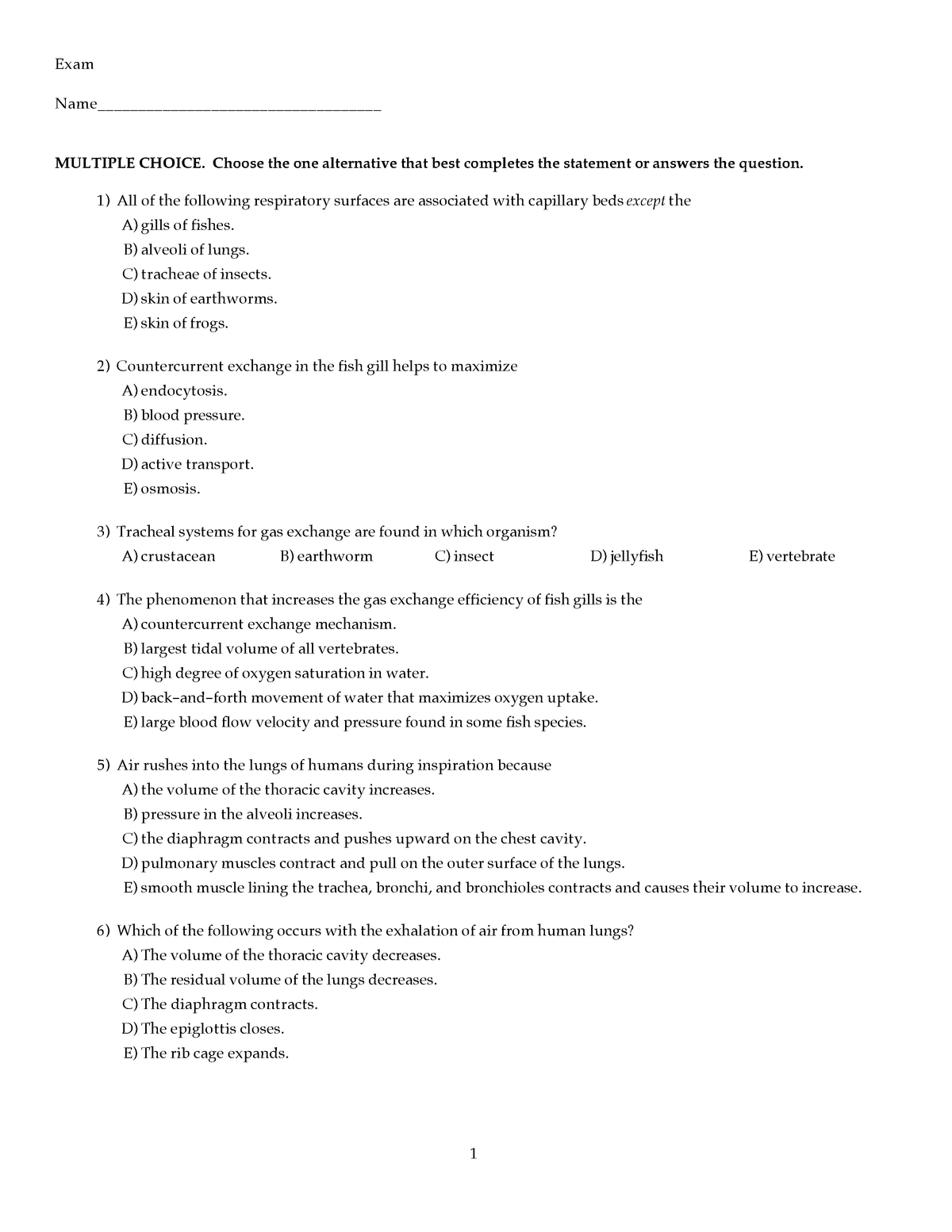 BIOL 1030 Multiple Choice Midterm and Answers - Exam Name