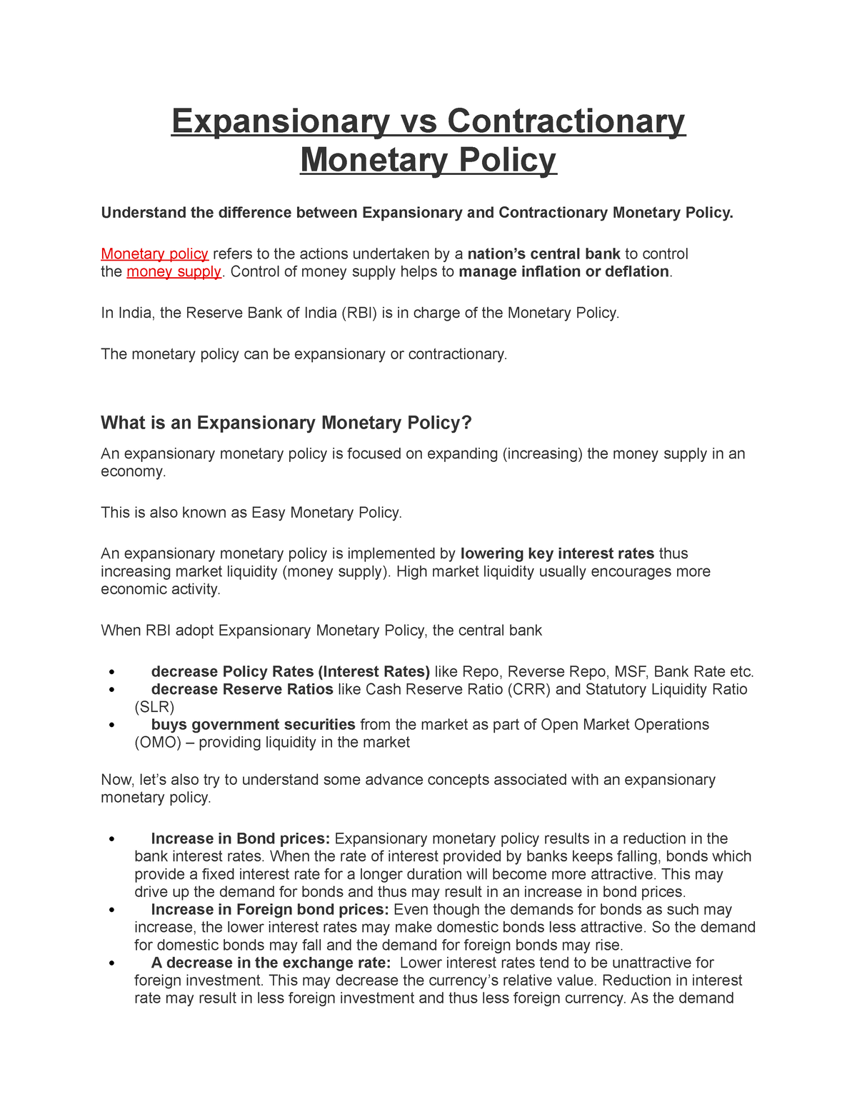 essay about monetary policy