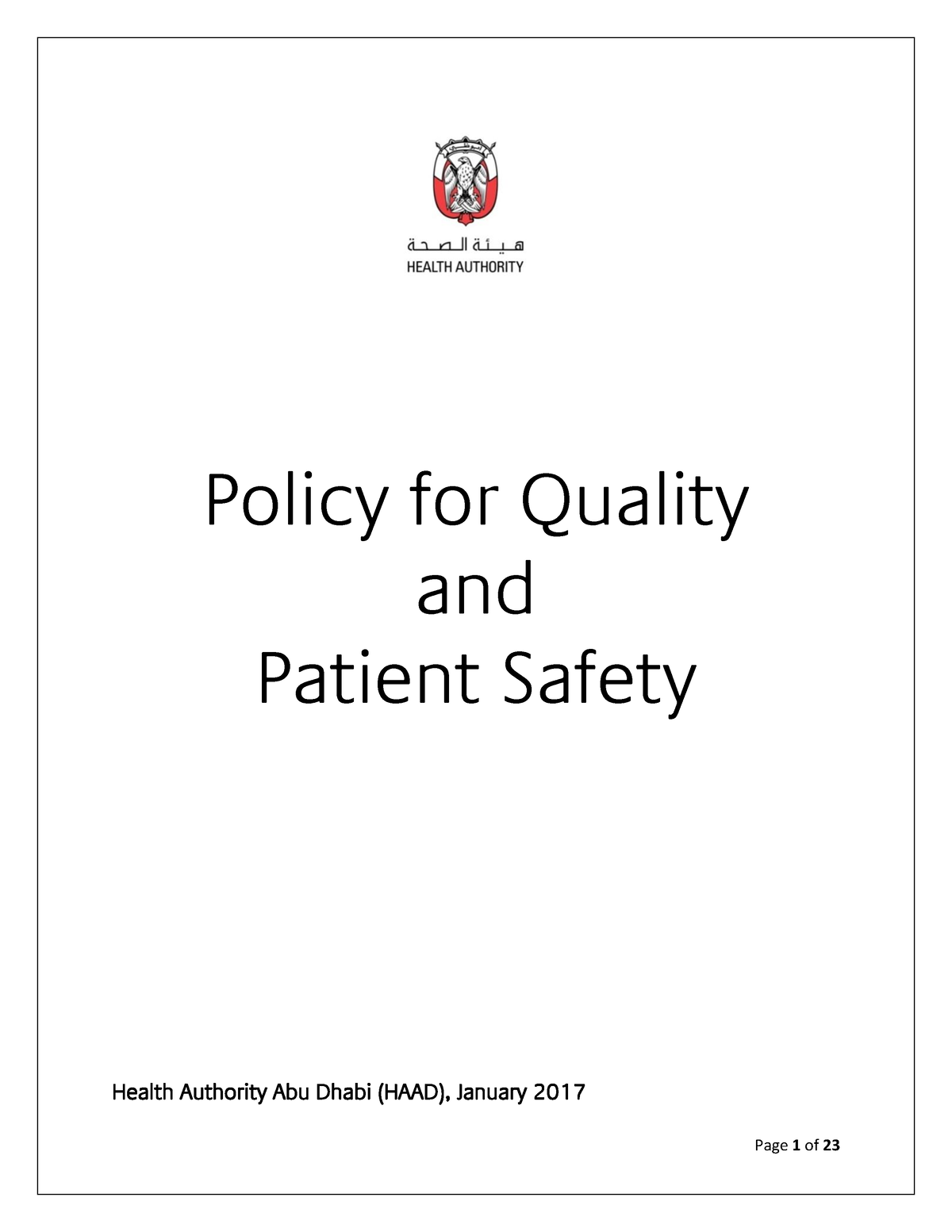 Haad Policy For Quality And Patient Safety - Policy For Quality And ...