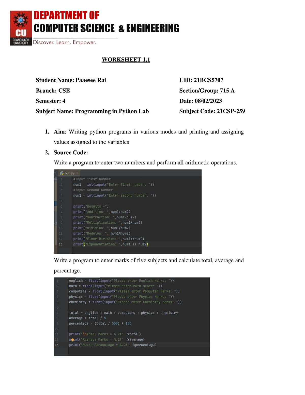 Experiment1_python_ - COMPUTER SCIENCE & ENGINEERING WORKSHEET 1 ...