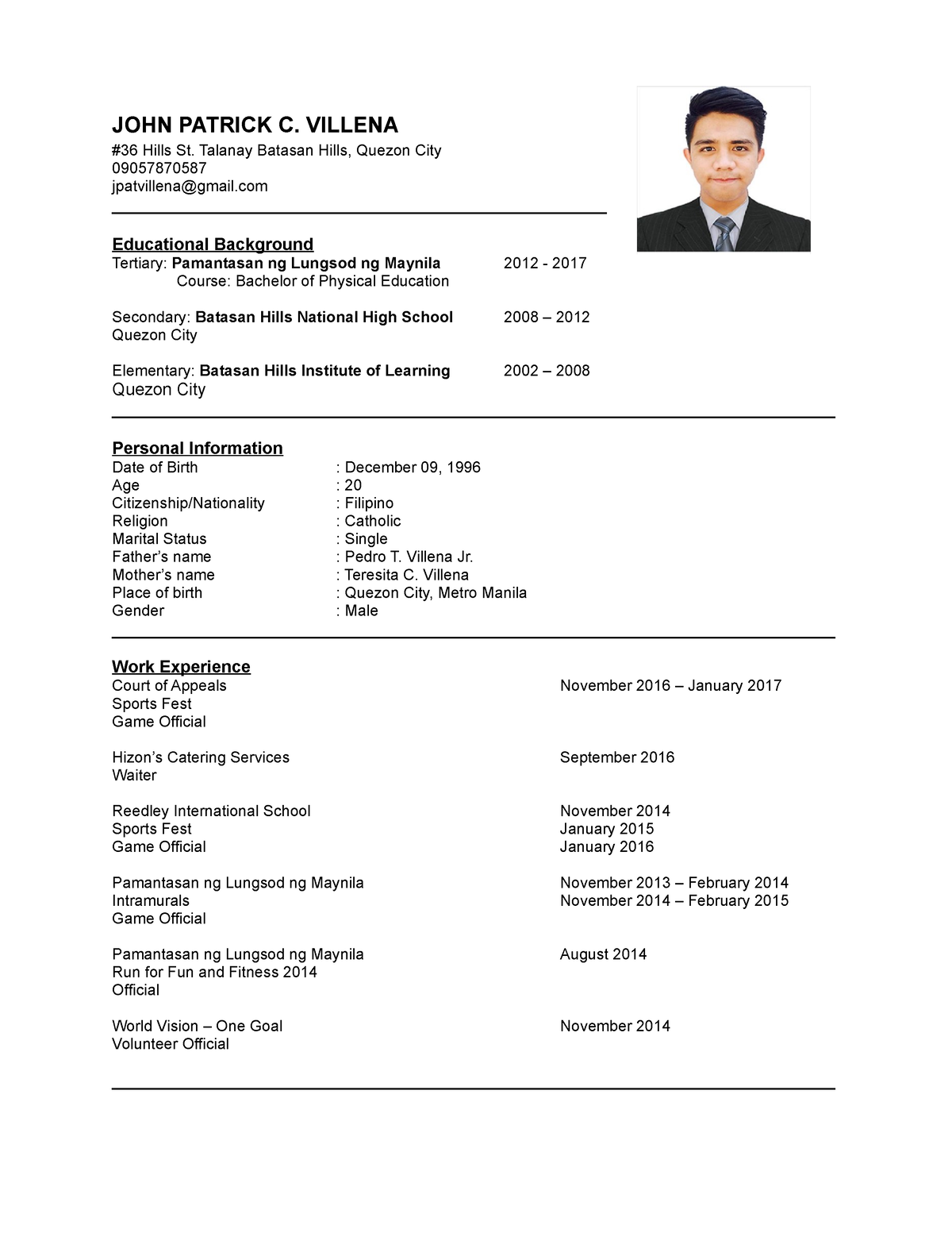 Pat Villena Resume - JOHN PATRICK C. VILLENA #36 Hills St. Talanay ...