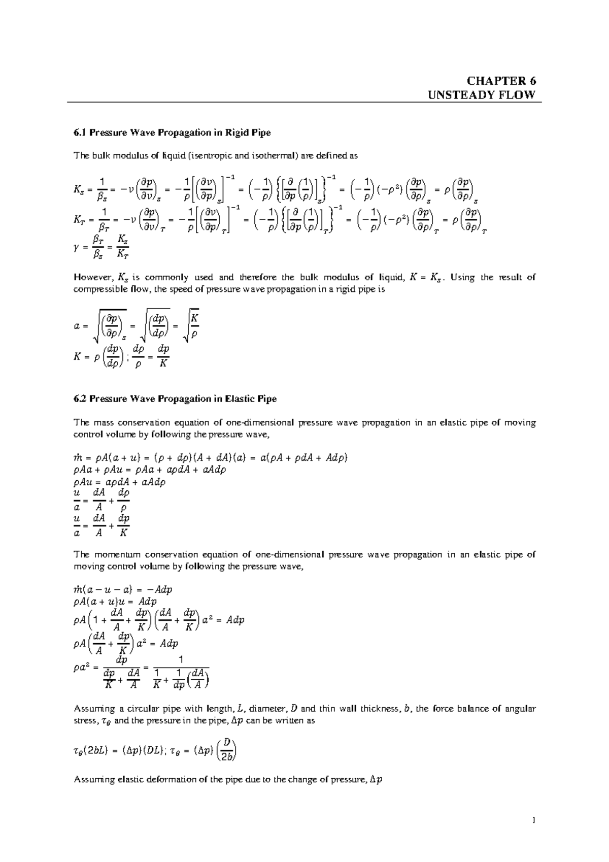 Chapter 6 Unsteady Flow (New) - CHAPTER 6 UNSTEADY FLOW 6 Pressure Wave ...