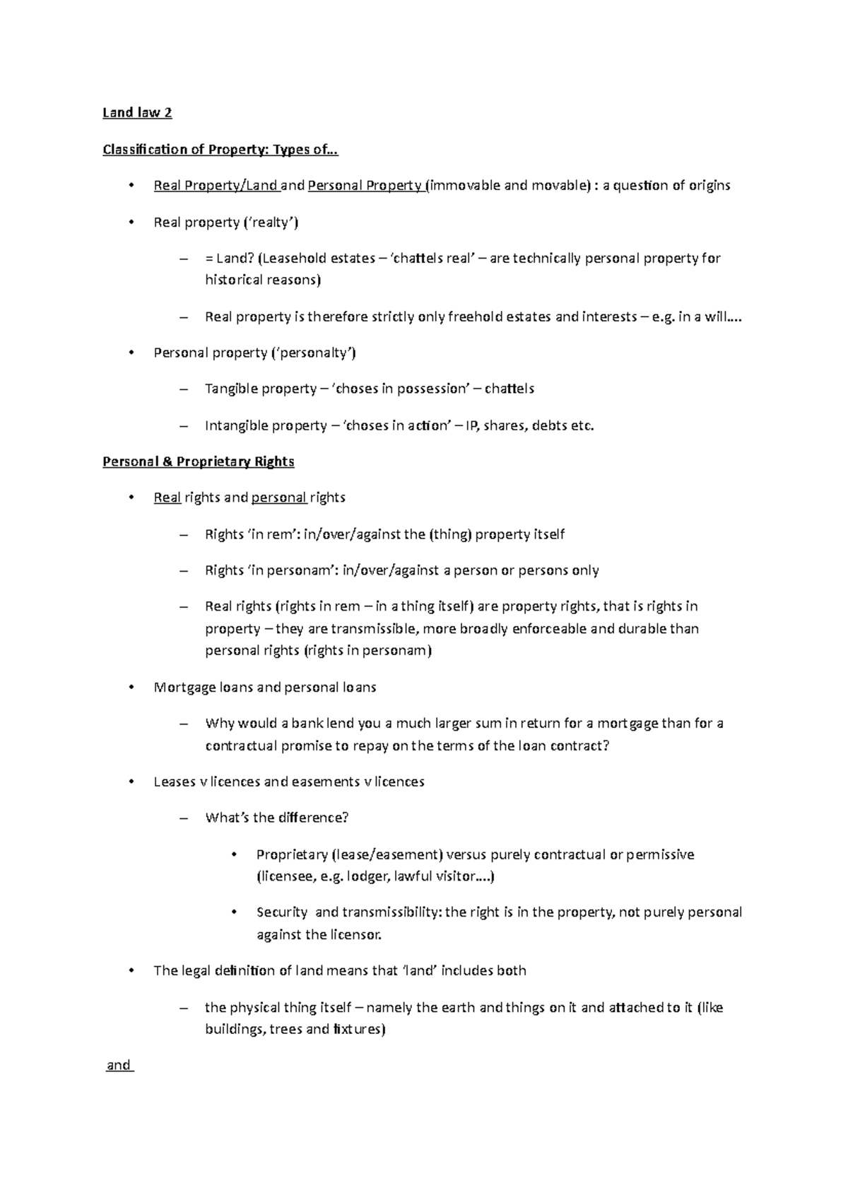 Land law - Property - Lecture notes 2 - Land law 2 Classification of ...