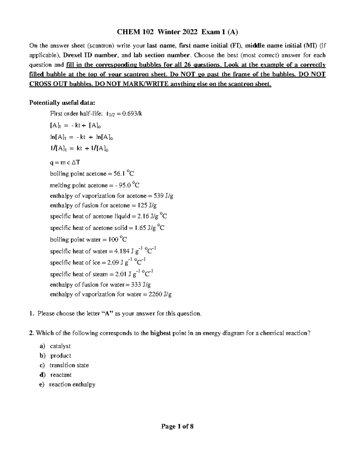 Exam I Chem 102 Winter 2022 w. Answers Key - CHEM 10 2 Winter 2022 Exam ...