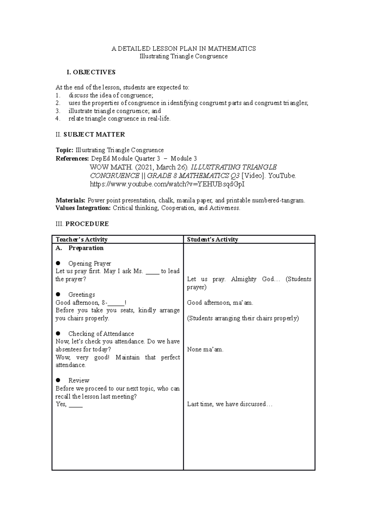 Triangle Congruence Final - A DETAILED LESSON PLAN IN MATHEMATICS ...