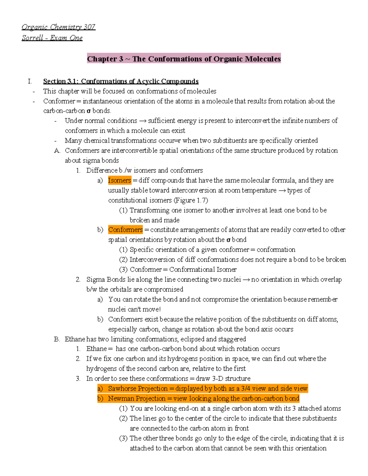 Orgo 1 - Chapter 3 - Organic Chemistry 307 Sorrell - Exam One Chapter 3 ...