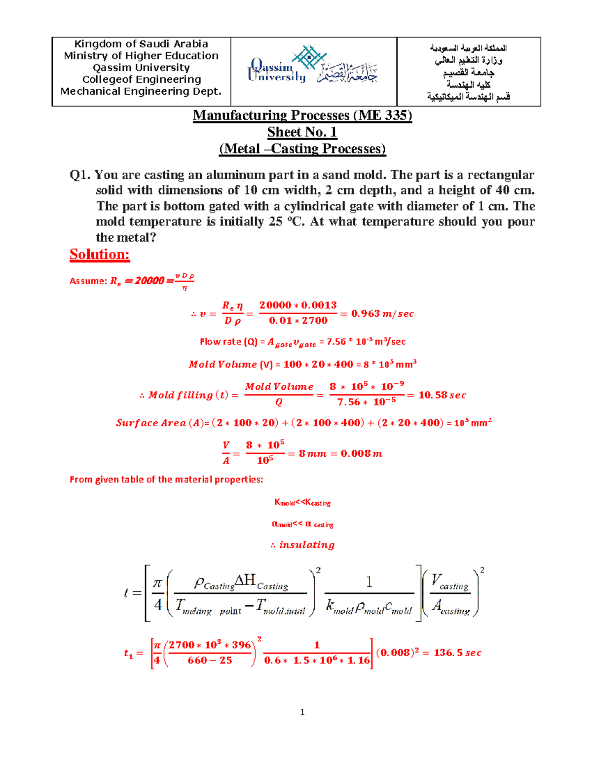 Metal Casting Problems Manufacturing Processes (ME 335) Sheet No. 1