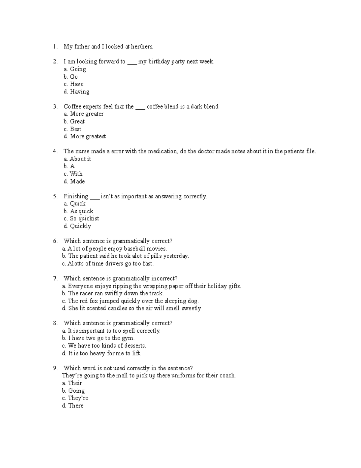 HESI A2 V2 Grammar study guide - My father and I looked at her/hers. I ...