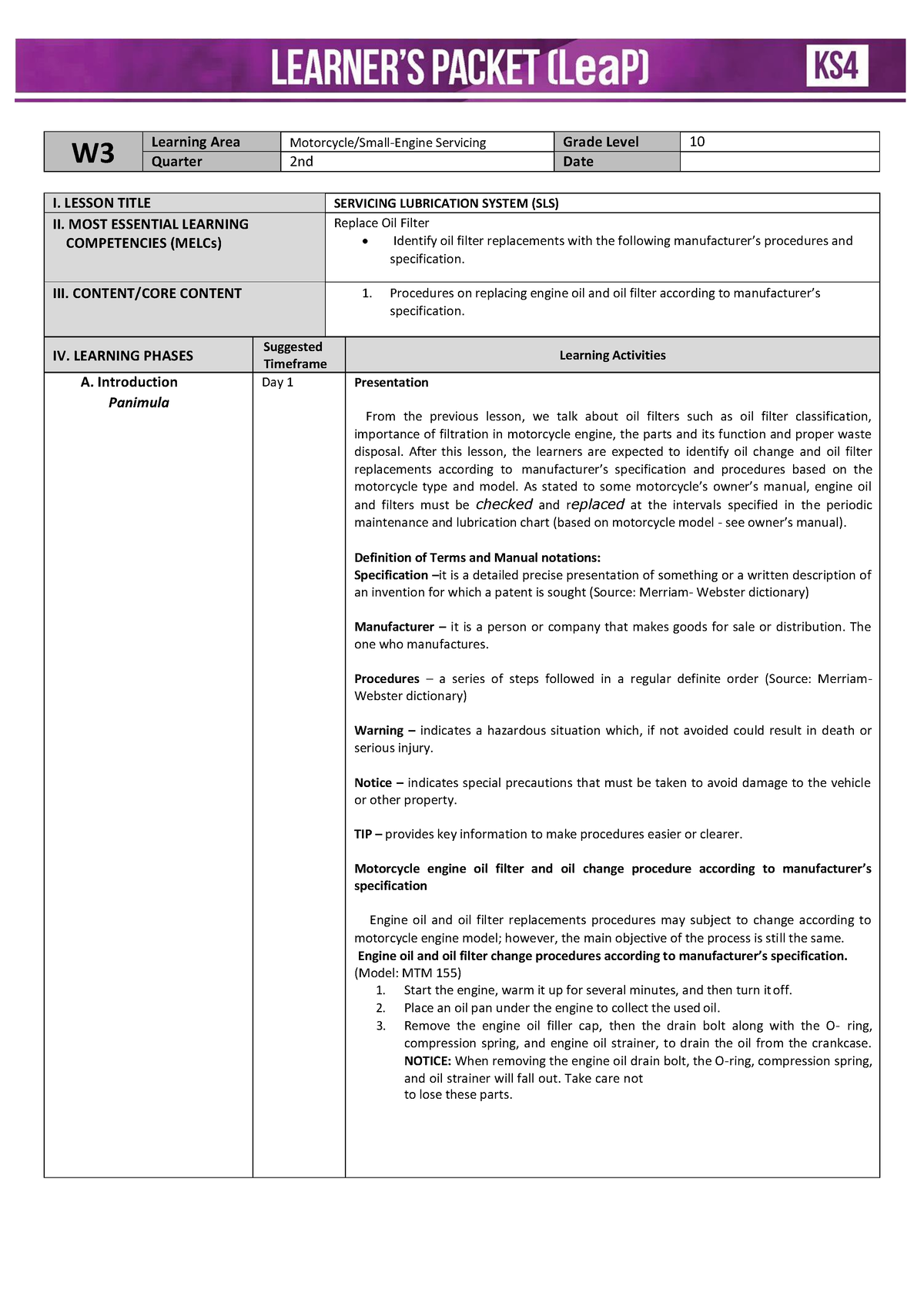 TLE 10 Q2 W3 - HIGH SCHOOL Students - W Learning Area Motorcycle/Small ...