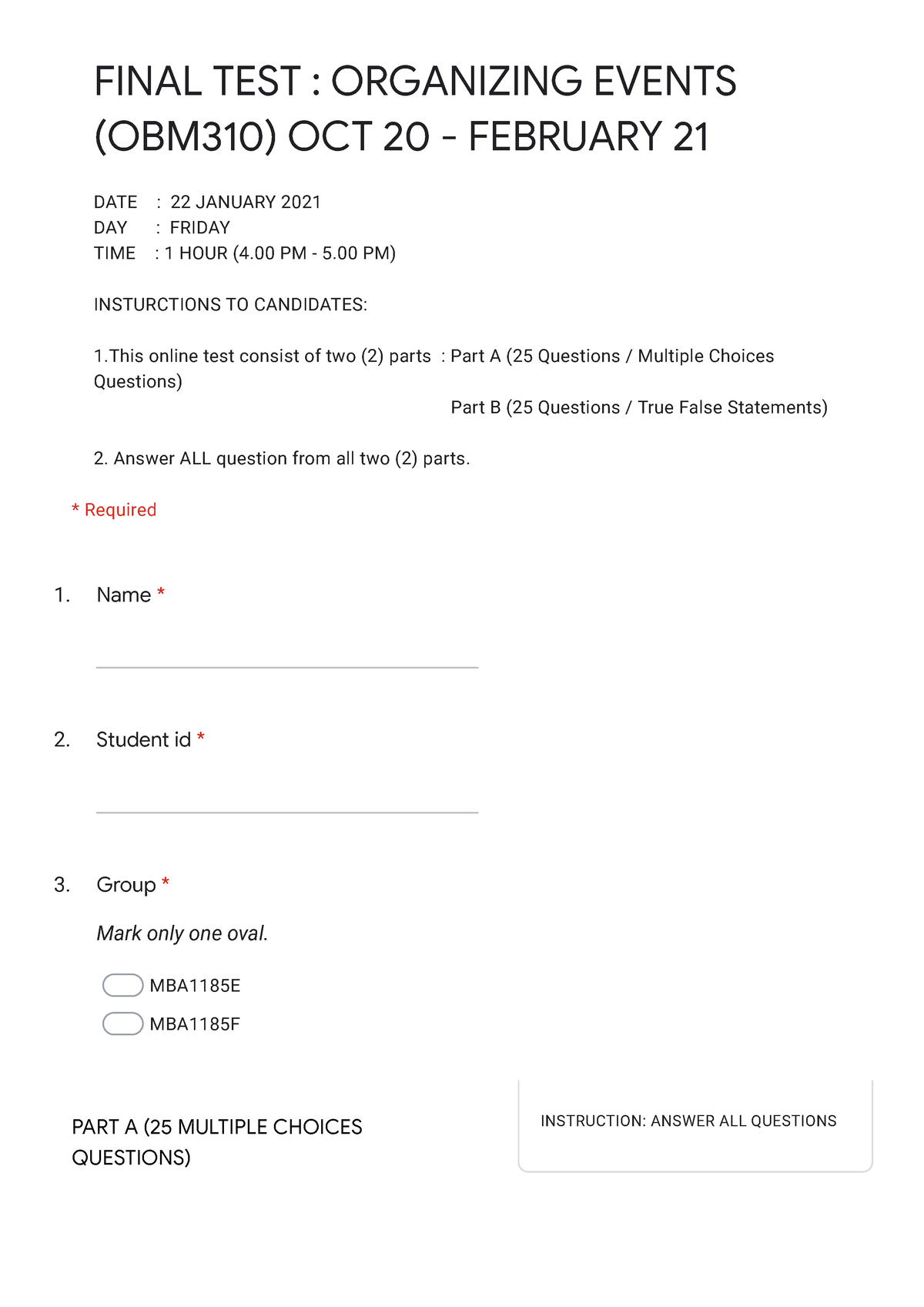 Final TEST ( Sample 2) - 1. 2. 3. Mark Only One Oval. MBA1185E MBA1185F ...