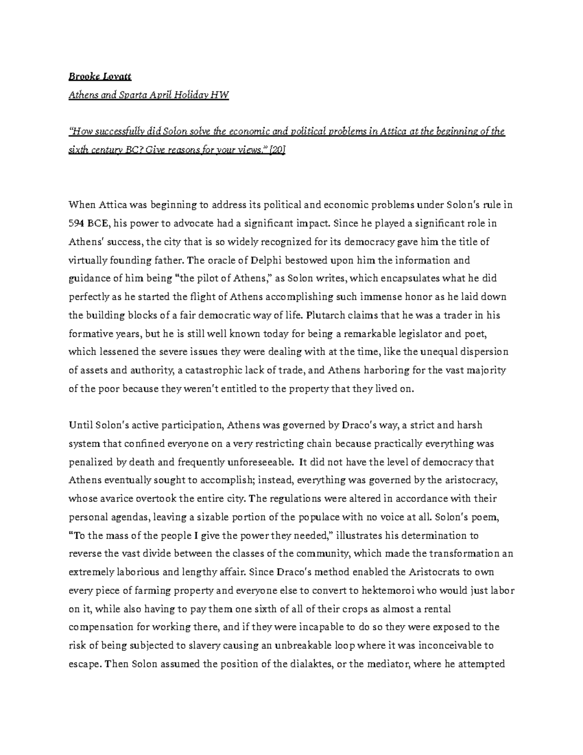 Athens and Sparta Brooke Lovatt Athens and Sparta April Holiday HW