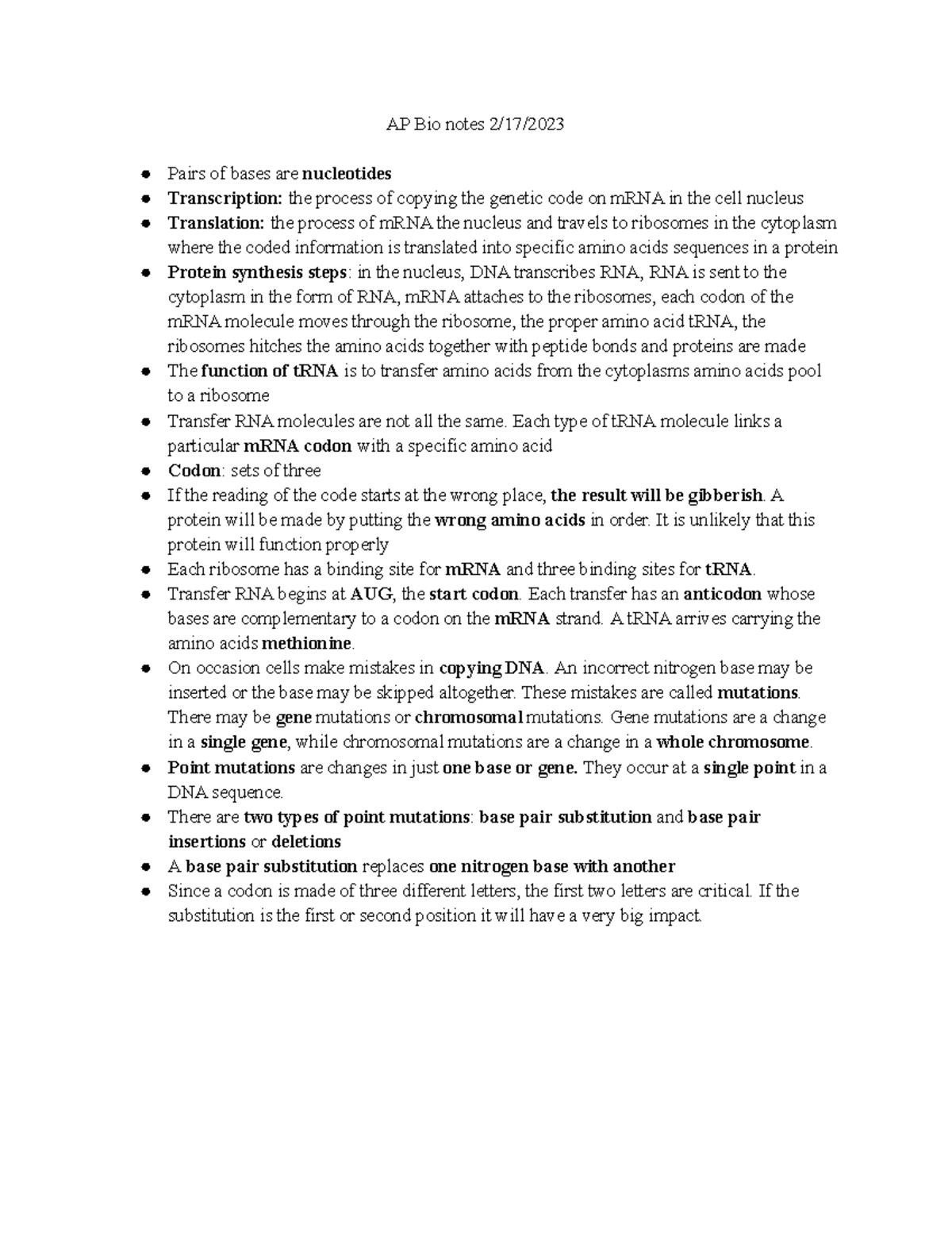 BIO 2 17 2023 (Starting of part 3) - AP Bio notes 2/17/ Pairs of bases ...