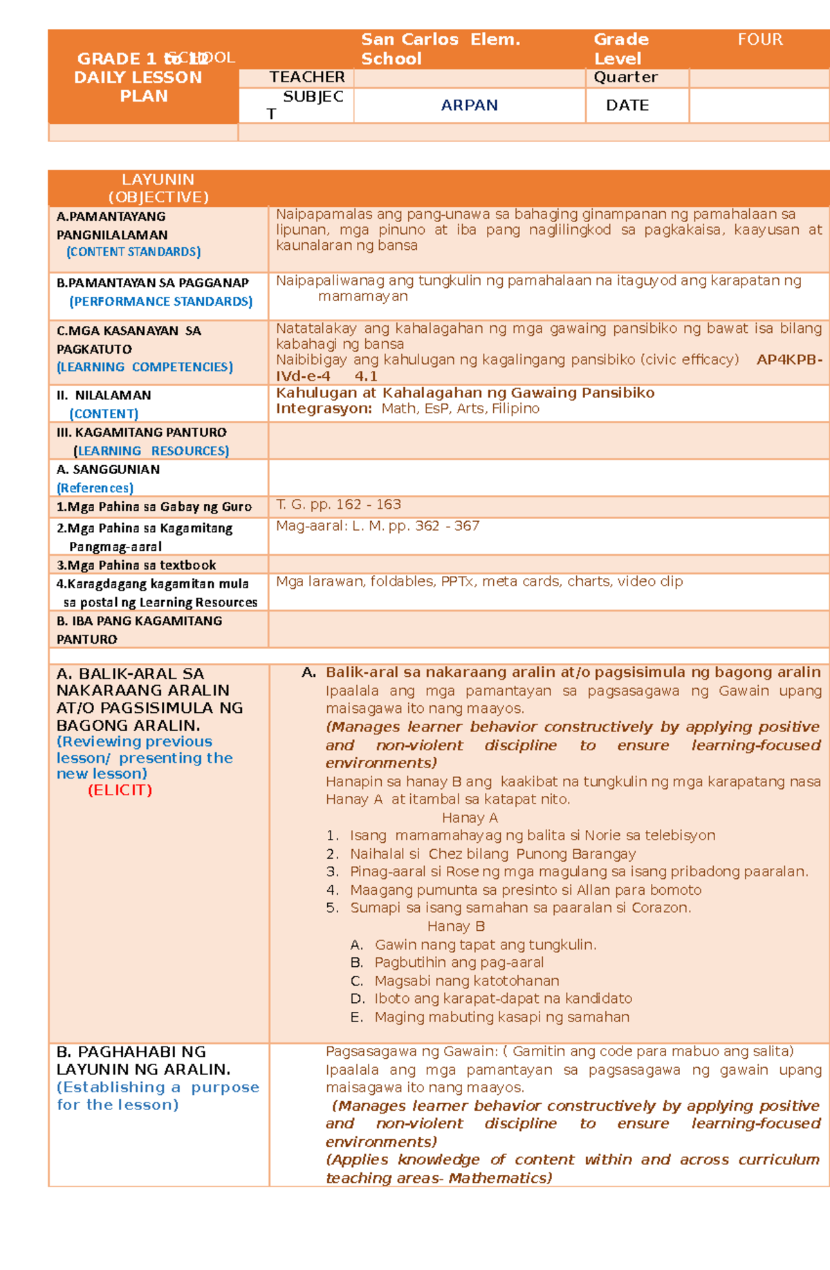 Arpan 4 Cot Cot Grade 1 To 12 Daily Lesson Plan School San Carlos Elem School Grade Level 9739