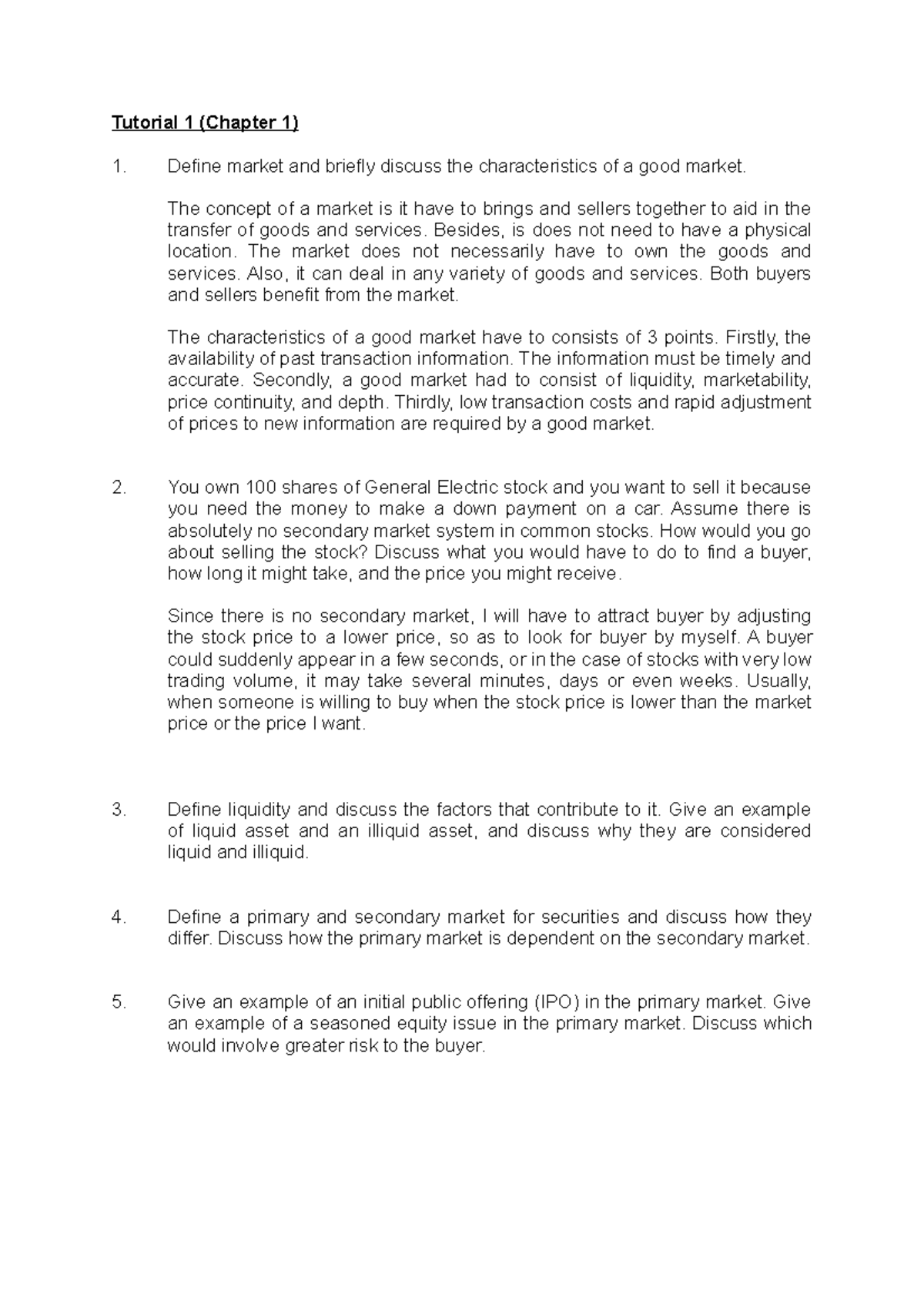 EA Tutorial 1 - EQUITY ANALSIS - Tutorial 1 (Chapter 1) Define market ...