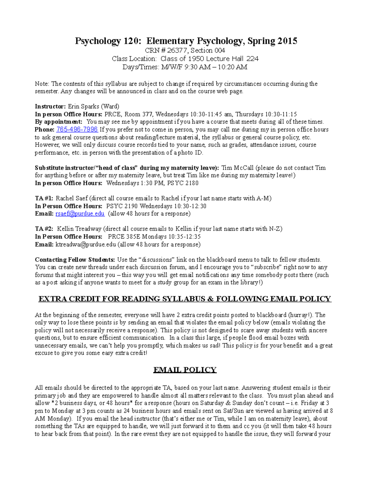Syllabus Psy 1206 - Psychology 120: Elementary Psychology, Spring 2015 ...