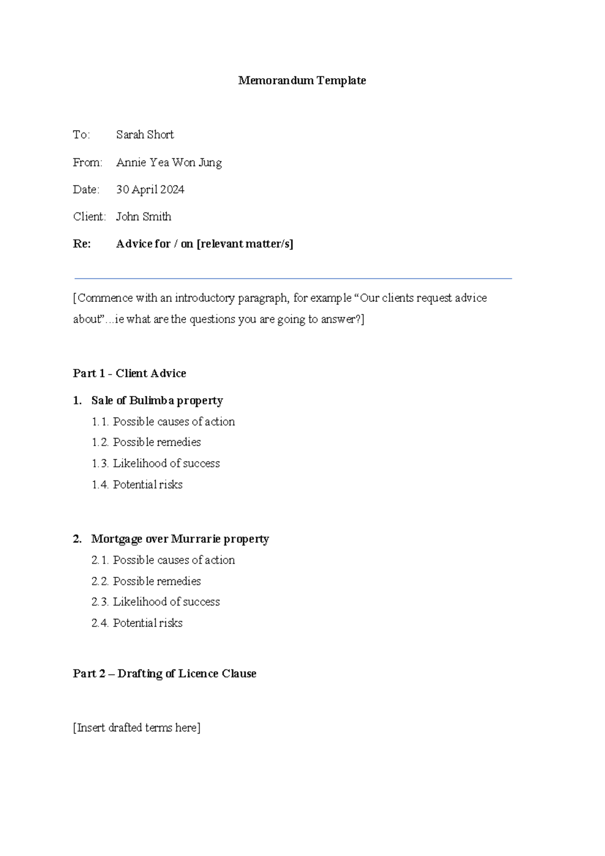 LLB301 Memorandum Template - Memorandum Template To: Sarah Short From ...