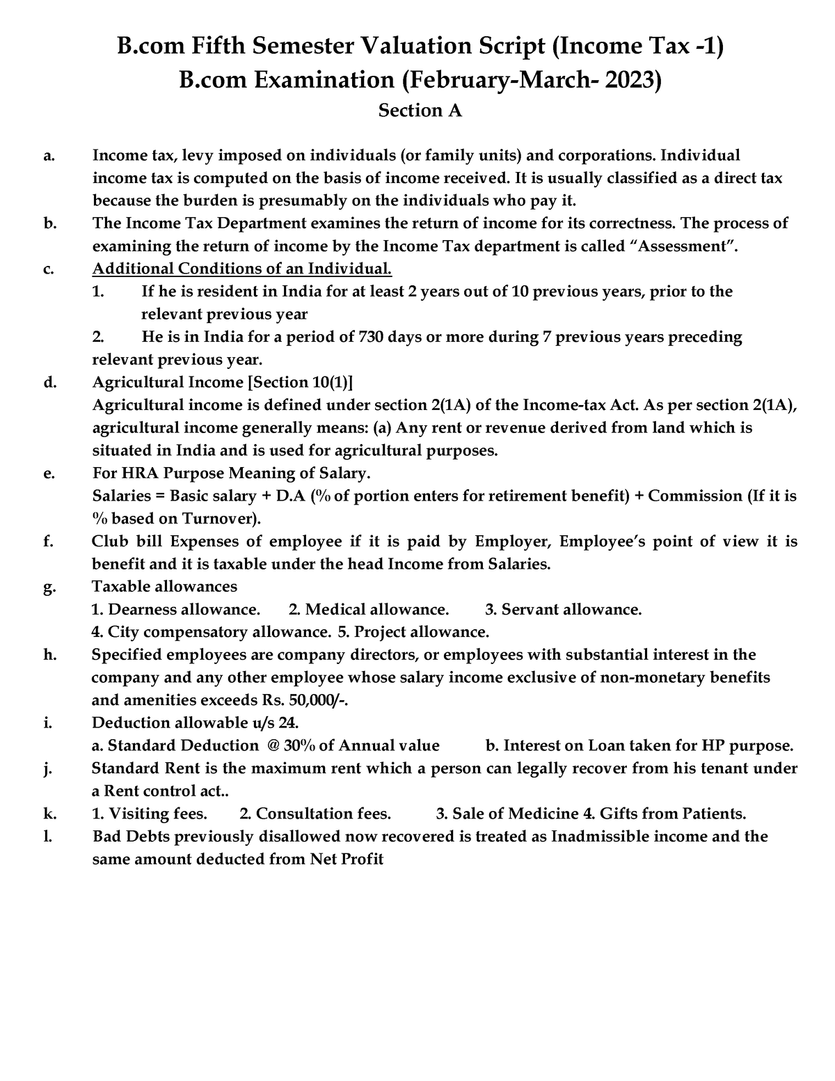 Income TAX B - B Fifth Semester Valuation Script (Income Tax -1) B ...