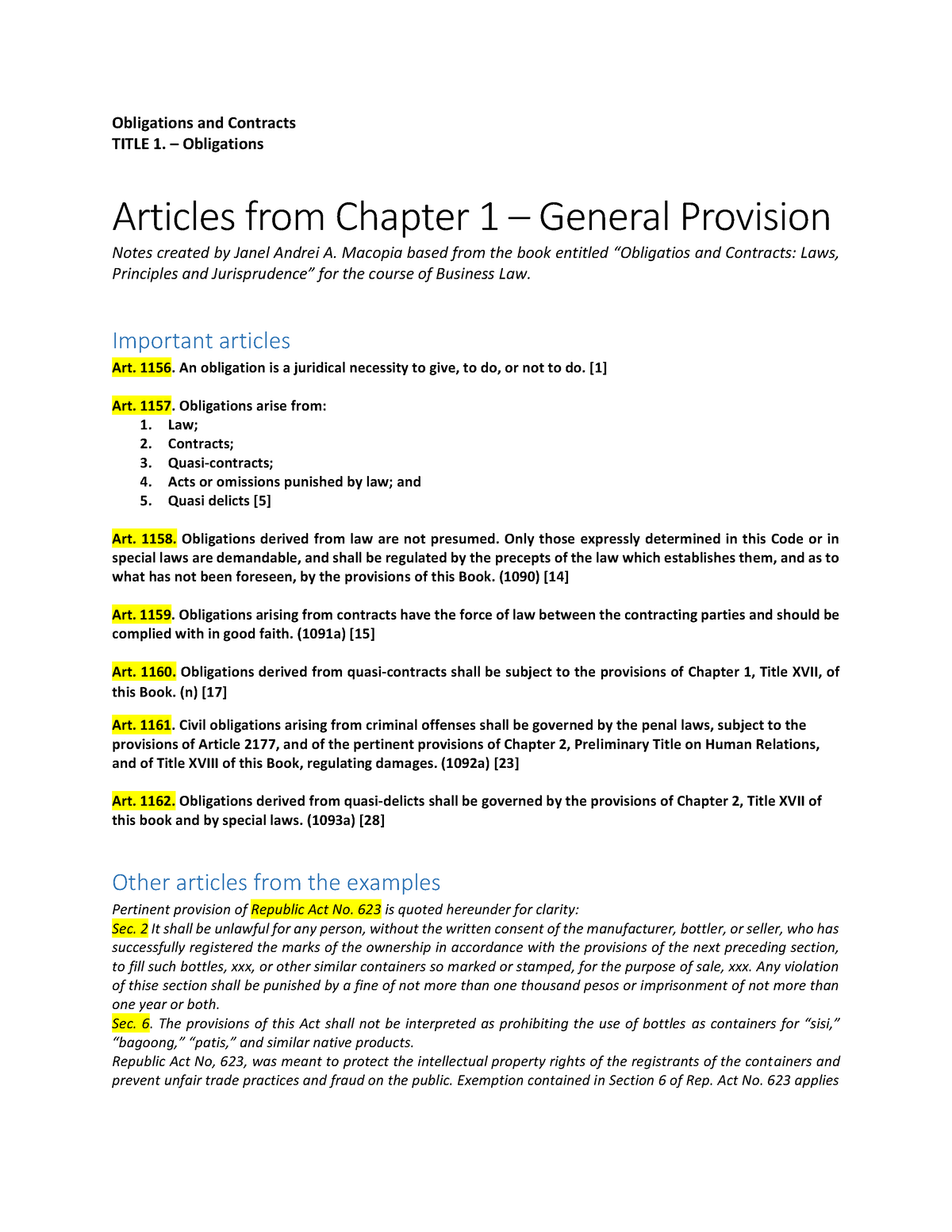 Articles In Chapter 1 - General Provisions - Obligations And Contracts ...