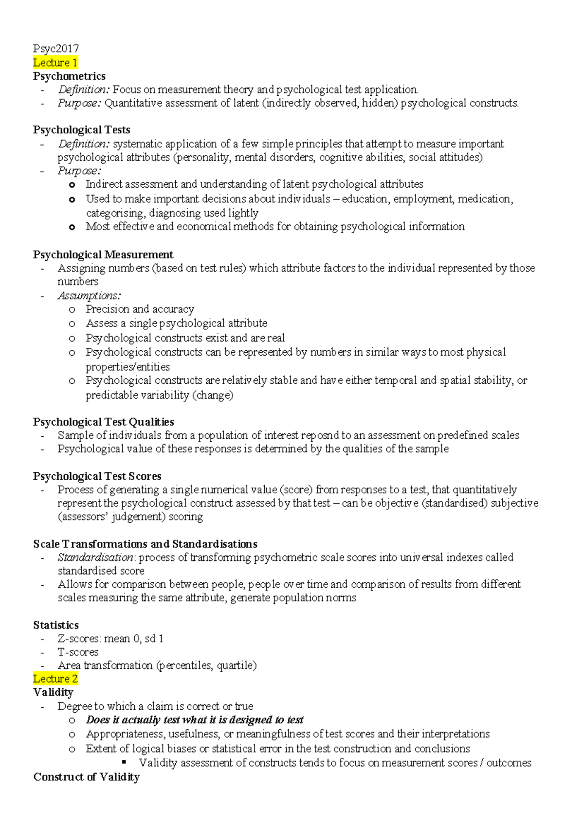 Psyc2017 Exam Notes - Psyc Lecture 1 Psychometrics - Definition: Focus ...