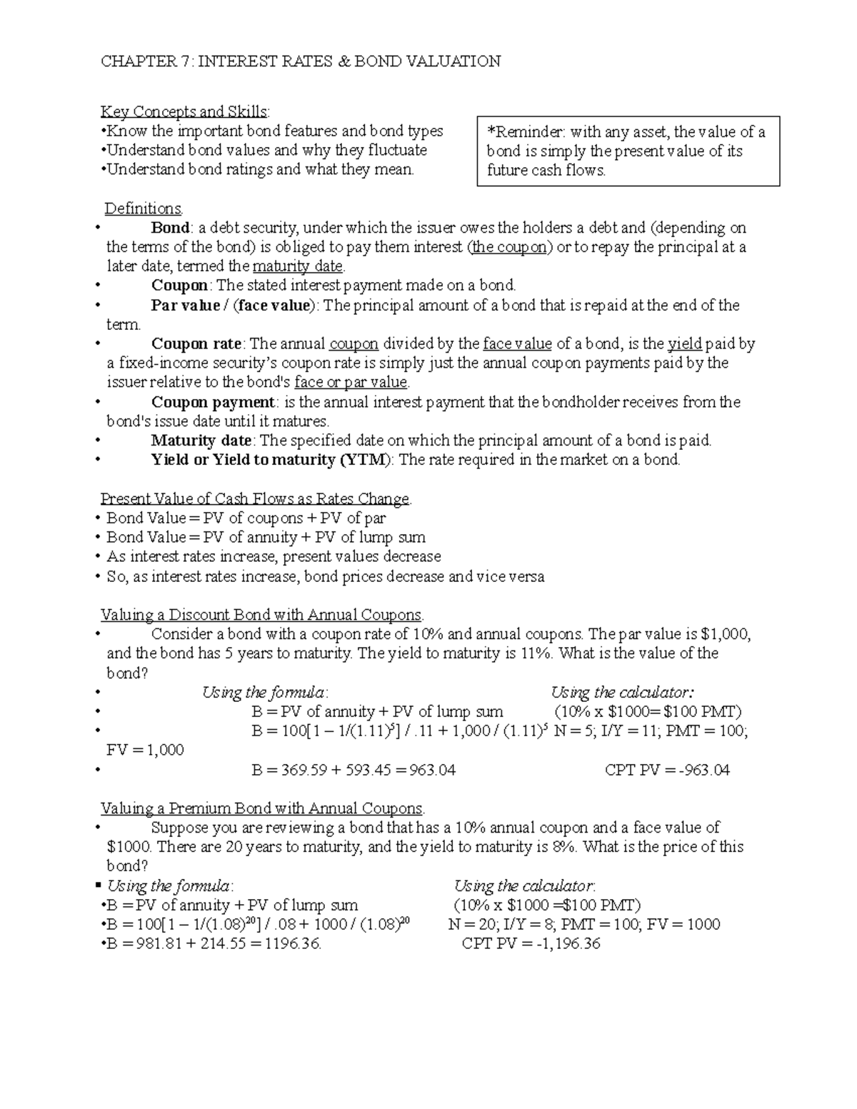 Ch 7 Notes FIN - CHAPTER 7: INTEREST RATES & BOND VALUATION Key ...